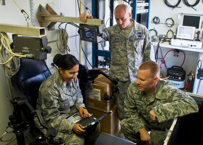 Staff Sgt. Nisha Morris, Tech. Sgt. Jason Morris and Staff Sgt. Brian Westgate, 96th Civil Engineer Squadron explosive ordnance disposal robotics technicians, review the performance of the remotely-operated vehicles during a Sept. 9 test mission on Eglin’s range. The team, who is one-of-a-kind in the Air Force, worked in conjunction with a 96th Test Wing’s fuze program test mission to demonstrate how robotic vehicles can safely retrieve buried test items via remote connection to the computer system in the trailer (shown in the picture). It was their ninth mission with the program and they are evaluating the option of providing their services at other military ranges. (U.S. Air Force photo/Chrissy Cuttita)