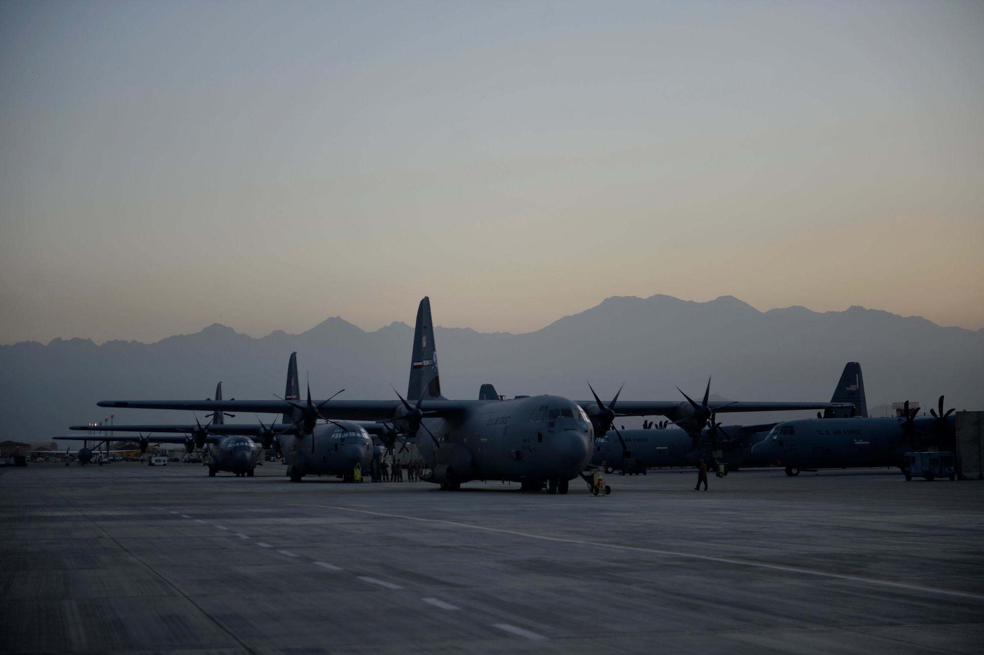 U.S. Air Force C-130J Super Hercules aircraft with the 774th Expeditionary Airlift Squadron prepare for departure Bagram Airfield, Afghanistan Sept. 12, 2014.  The unit redeployed to their home base Dyess Air Force Base, Texas.  The 41st Airlift Squadron from Little Rock, Arkansas replaced the unit. The 774 EAS supported various tactical airlift capabilities including airdrop operations as well as humanitarian efforts and aeromedical evacuation.  (U.S. Air Force photo by Staff Sgt. Evelyn Chavez/Released)