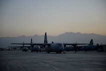 U.S. Air Force C-130J Super Hercules aircraft with the 774th Expeditionary Airlift Squadron prepare for departure Bagram Airfield, Afghanistan Sept. 12, 2014.  The unit redeployed to their home base Dyess Air Force Base, Texas.  The 41st Airlift Squadron from Little Rock, Arkansas replaced the unit. The 774 EAS supported various tactical airlift capabilities including airdrop operations as well as humanitarian efforts and aeromedical evacuation.  (U.S. Air Force photo by Staff Sgt. Evelyn Chavez/Released)
