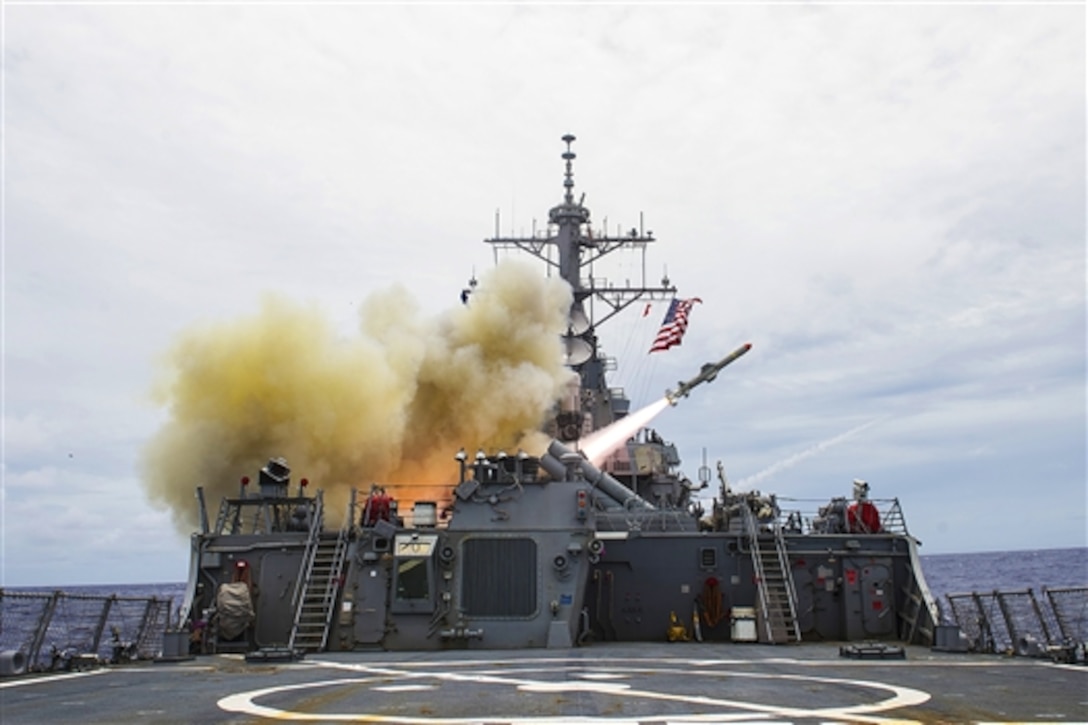 The USS Stethem launches a harpoon missile near Guam, Sept. 15, 2014, during an exercise. The ship is on patrol with the USS George Washington Carrier Strike Group supporting security and stability in the Indo-Asia-Pacific region.