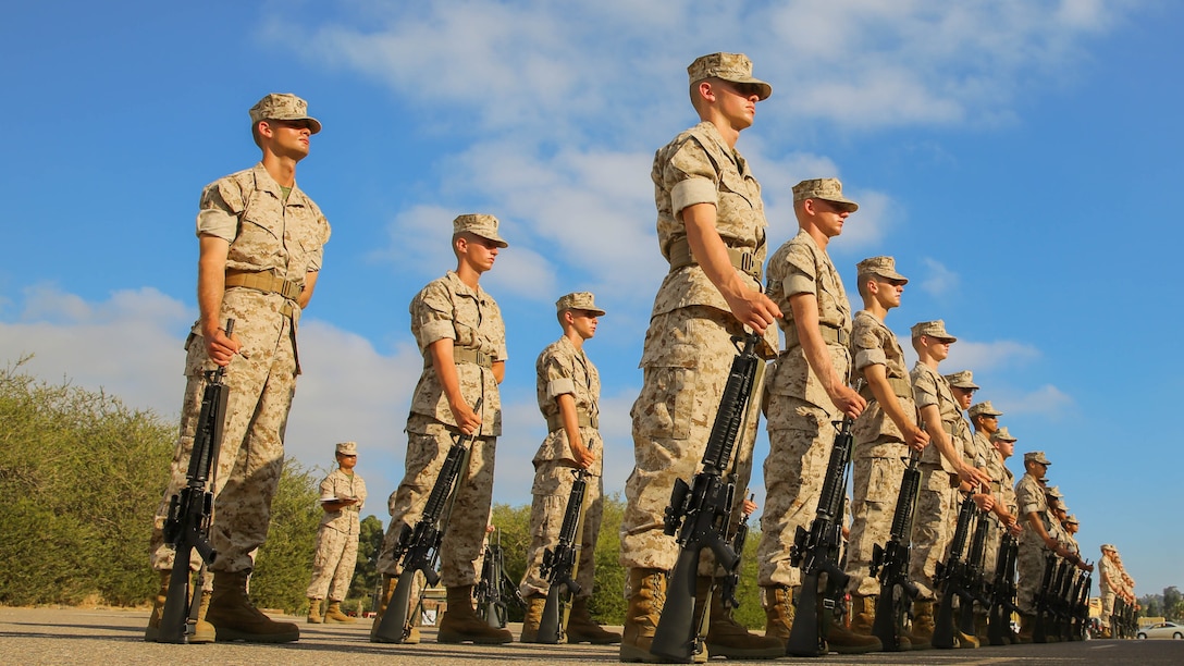 Recruits of India Company, 3rd Recruit Training Battalion, stand at parade rest as they await the senior drill Instructor’s inspection at Marine Corps Recruit Depot San Diego, Sept. 5. During the inspection it was crucial for the recruits to remain calm, keep their eyes forward while at attention and answer the questions they were asked. It was a sign of confidence and bearing - two traits drill instructors were seeking. 