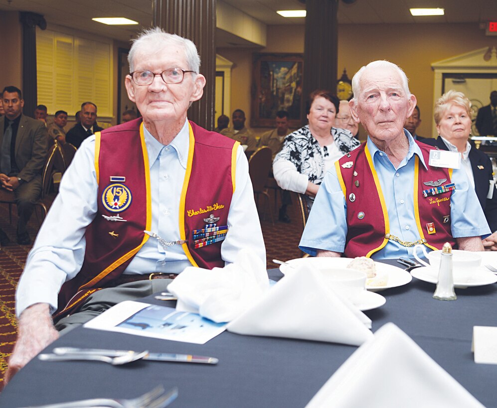 Maj. Charles McGhee (left) and 1st Lt. Lee James, both former Air Force pilots, attend Marine Corps Logistics Base Albany’s annual POW/MIA Recognition Breakfast at the Town and Country Restaurant, Friday. Both McGhee and James were recognized as former POWs at the breakfast.