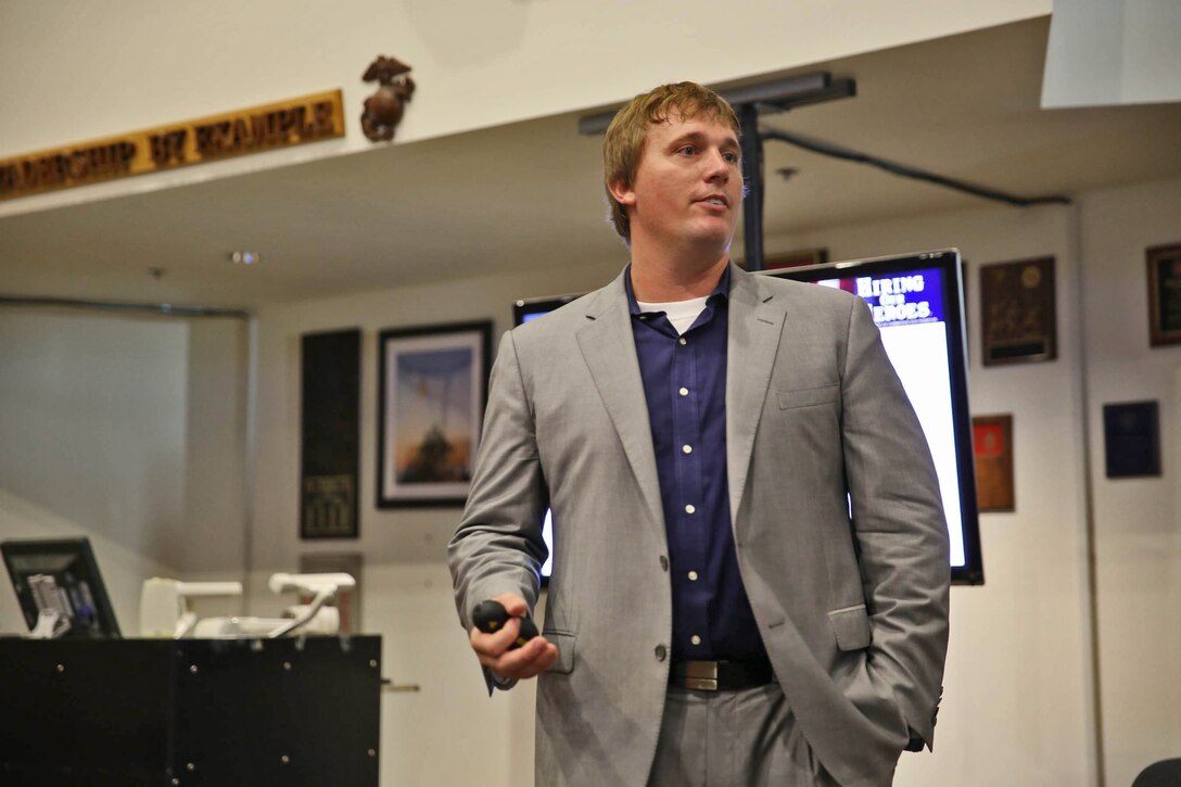 Former Marine and Medal of Honor Dakota Meyer offered a keynote speech about transitioning into civilian employment to veterans at the staff-noncommissioned officer academy at the School of Infantry-West, Marine Corps Base Camp Pendleton, California, Sept. 17.

