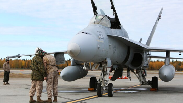Sgt. Steven Johnson (wearing woodland gortex jacket), a quality assurance representative with Marine Fighter Attacks Squadron 122 and Fairbanks, Alaska native, assists a maintenance Marine with pre-flight turning of one of the squadron's F/A-18C Hornets, Sept. 11, 2014, aboard Eielson Air Force Base, Alaska. Marine Fighter Attack Squadron 122 is conducting unit level training in Alaska as part of Exercise Distant Frontier.