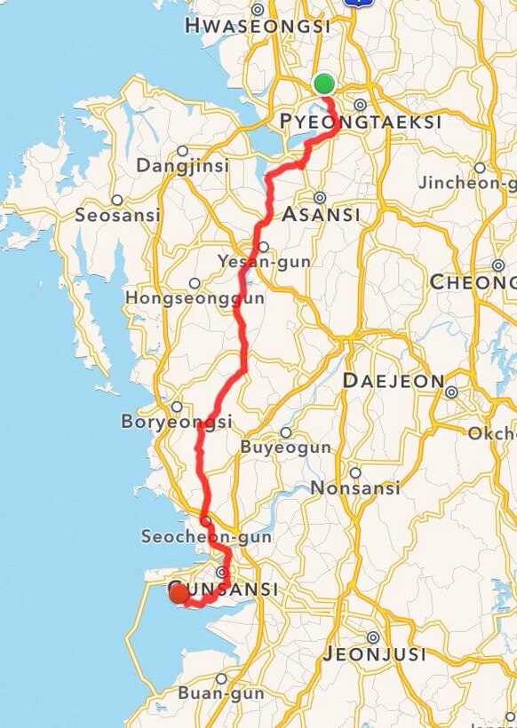 The above image shoes the cycling route that Bill Goins, 8th Medical Operations Squadron health promotion program coordinator, took from Osan Air Base, Republic of Korea, to Kunsan AB, Aug. 30, 2014. Goins, along with eight Wolf Pack Airmen, completed the trek in eight hours and 50 minutes. (Courtesy illustration by Bill Goins)