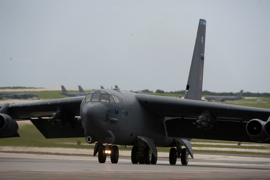 A B-52 Stratofortress taxis to take off during exercise Valiant Shield 2014. Valiant Shield is a U.S.-only exercise integrating U.S. Navy, Air Force, Army and Marine Corps assets, offering real-world joint operational experience to develop capabilities that provide a full range of options to defend U.S. interests and those of its allies and partners. (U.S. Air Force Photo by Staff Sgt. William Banton/Released)
