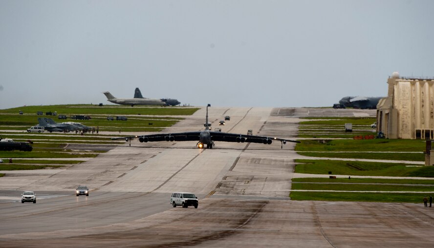 A B-52 Stratofortress taxis to take off during exercise Valiant Shield 2014. Valiant Shield is a U.S.-only exercise integrating U.S. Navy, Air Force, Army and Marine Corps assets, offering real-world joint operational experience to develop capabilities that provide a full range of options to defend U.S. interests and those of its allies and partners. (U.S. Air Force Photo by Staff Sgt. William Banton/Released)