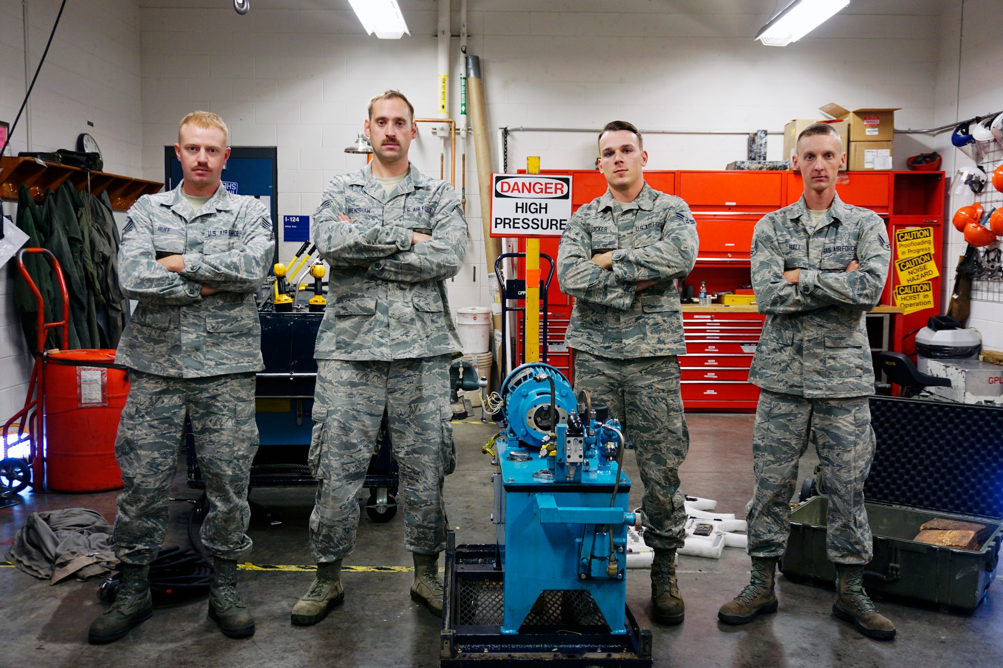 The 90th Maintenance Operations Squadron Mechanical and Pneudraulics Shop team for the 2014 Global Strike Challenge: Staff Sgt. Jon Huff, Staff Sgt. Luke Crenshaw, Airman 1st Class Joe Tucker and Airman 1st Class Adam Hall. (U.S. Air Force photo by Lan Kim)