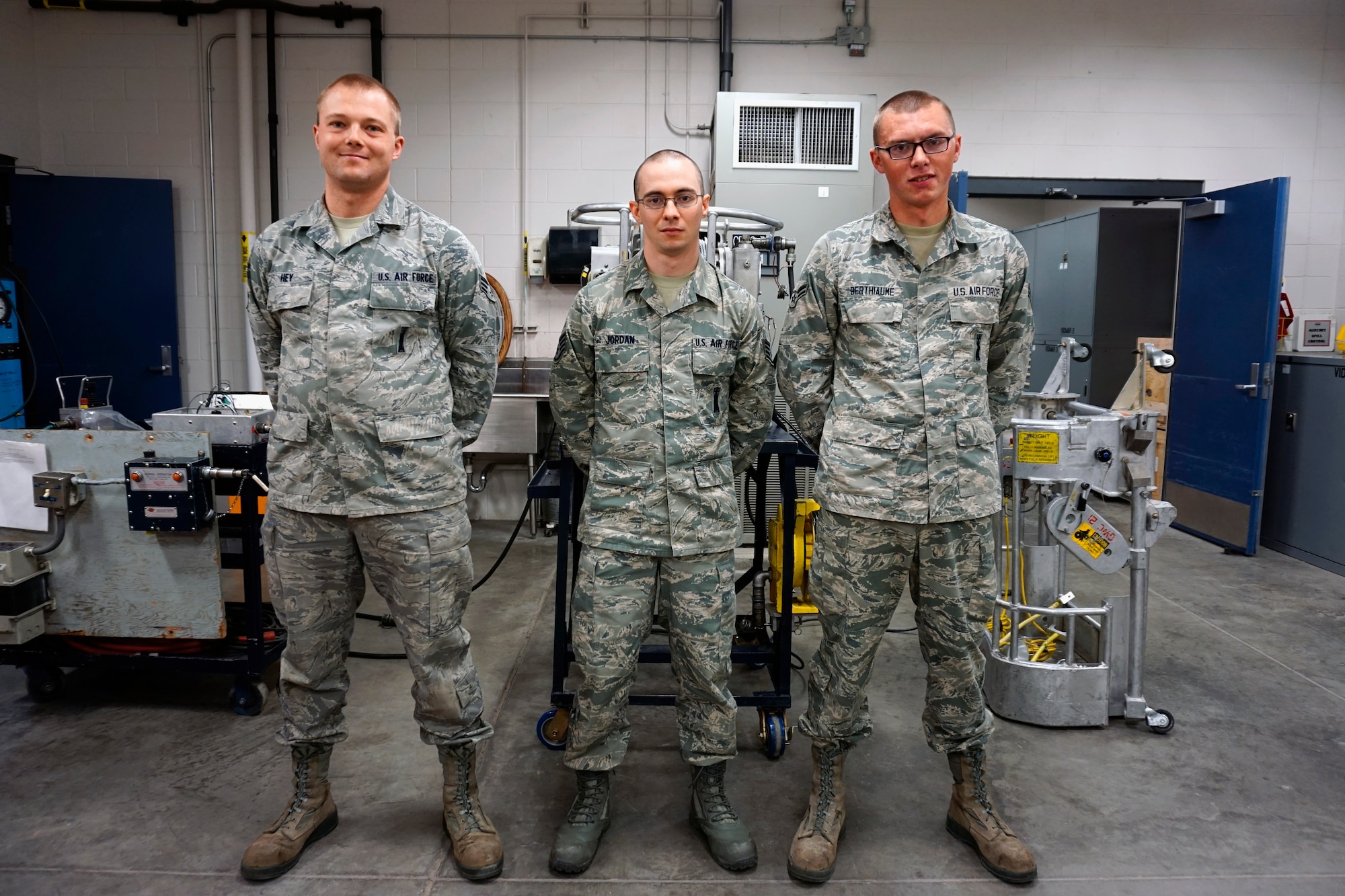 The 90th Maintenance Operations Squadron Power, Refrigeration and Electrical team for the 2014 Global Strike Challenge: Senior Airman Aarron Hey, Staff Sgt. Nathan Jordan and Airman 1st Class Thomas Berthiaume. (U.S. Air Force photo by Lan Kim)