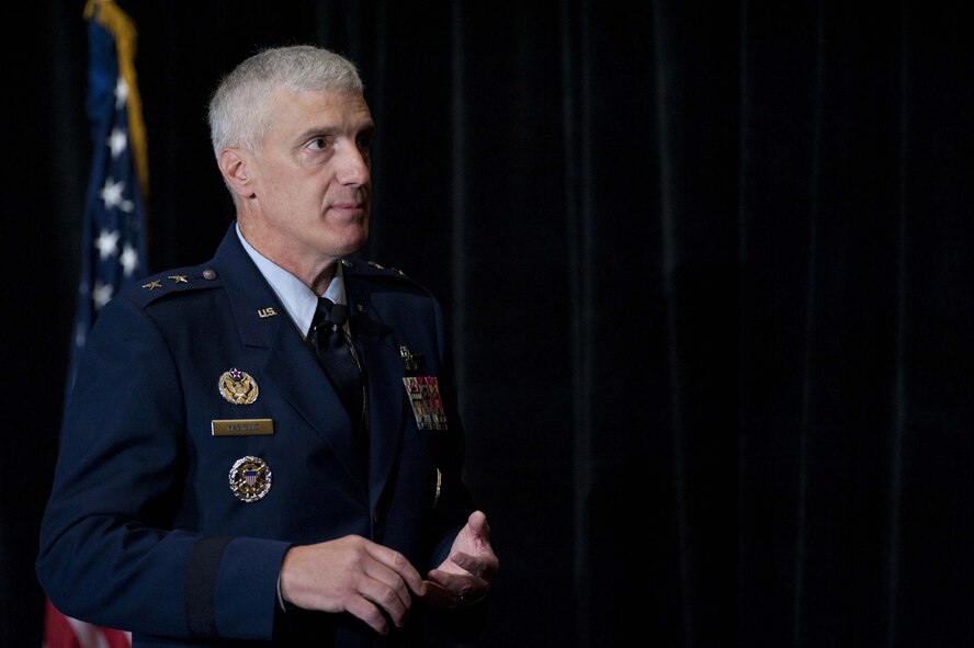 Maj. Gen. Thomas Masiello takes a question from an audience member after discussing Air Force Research Laboratory breakthrough technologies during the 2014 Air Force Association's Air & Space Conference and Technology Exposition, Sept. 16, 2014, in Washington D.C. Masiello is the commander of Air Force Research Laboratory. (U.S. Air Force photo/Scott M. Ash)