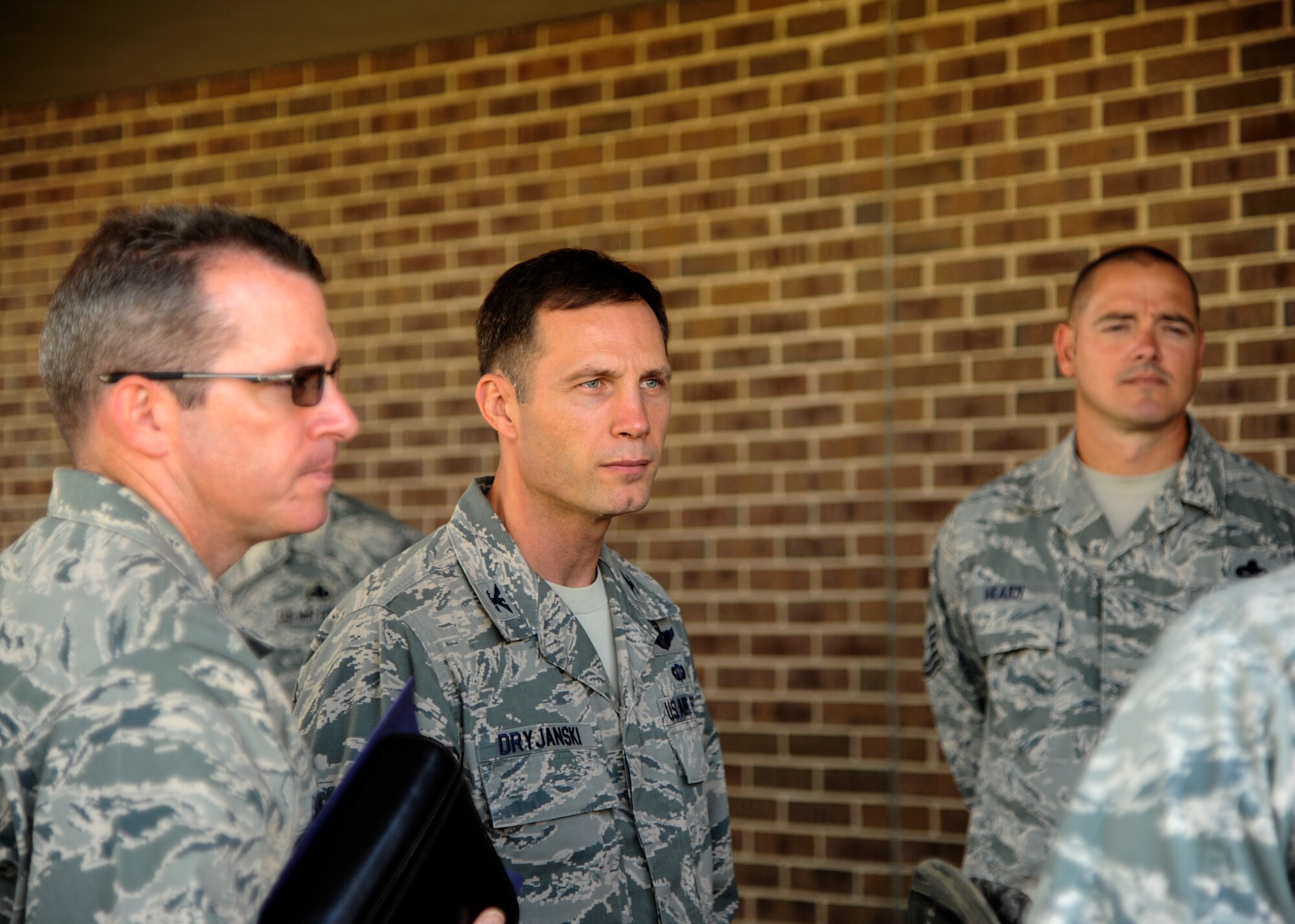 Col. James Dryjanski, 314th Airlift Wing commander, speaks with Team Little Rock members August 14, 2014, at Little Rock Air Force Base, Ark. Dryjanski toured multiple squadrons within the 314th AW to learn about their operations and daily tasks. (U.S. Air Force photo by Airman 1st Class Cliffton Dolezal)