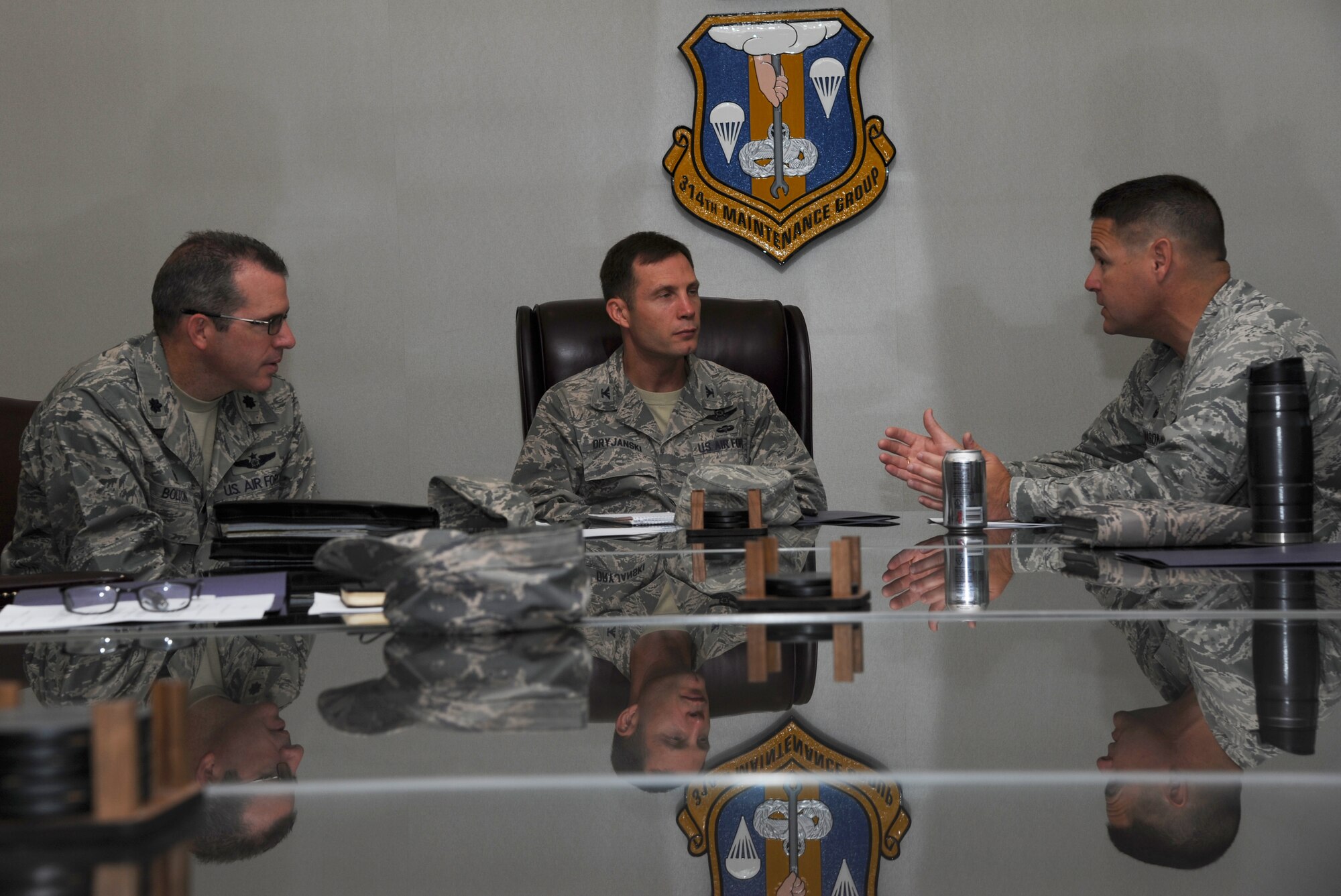 Col. James Dryjanksi, 314th Airlift Wing commander, is briefed on the 314th Maintenance Group operations August 14, 2014, at Little Rock Air Force Base, Ark. As the new 314th AW commander, Dryjanski receives regular briefings on each of his units. (U.S. Air Force photo by Airman 1st Class Mercedes Muro)