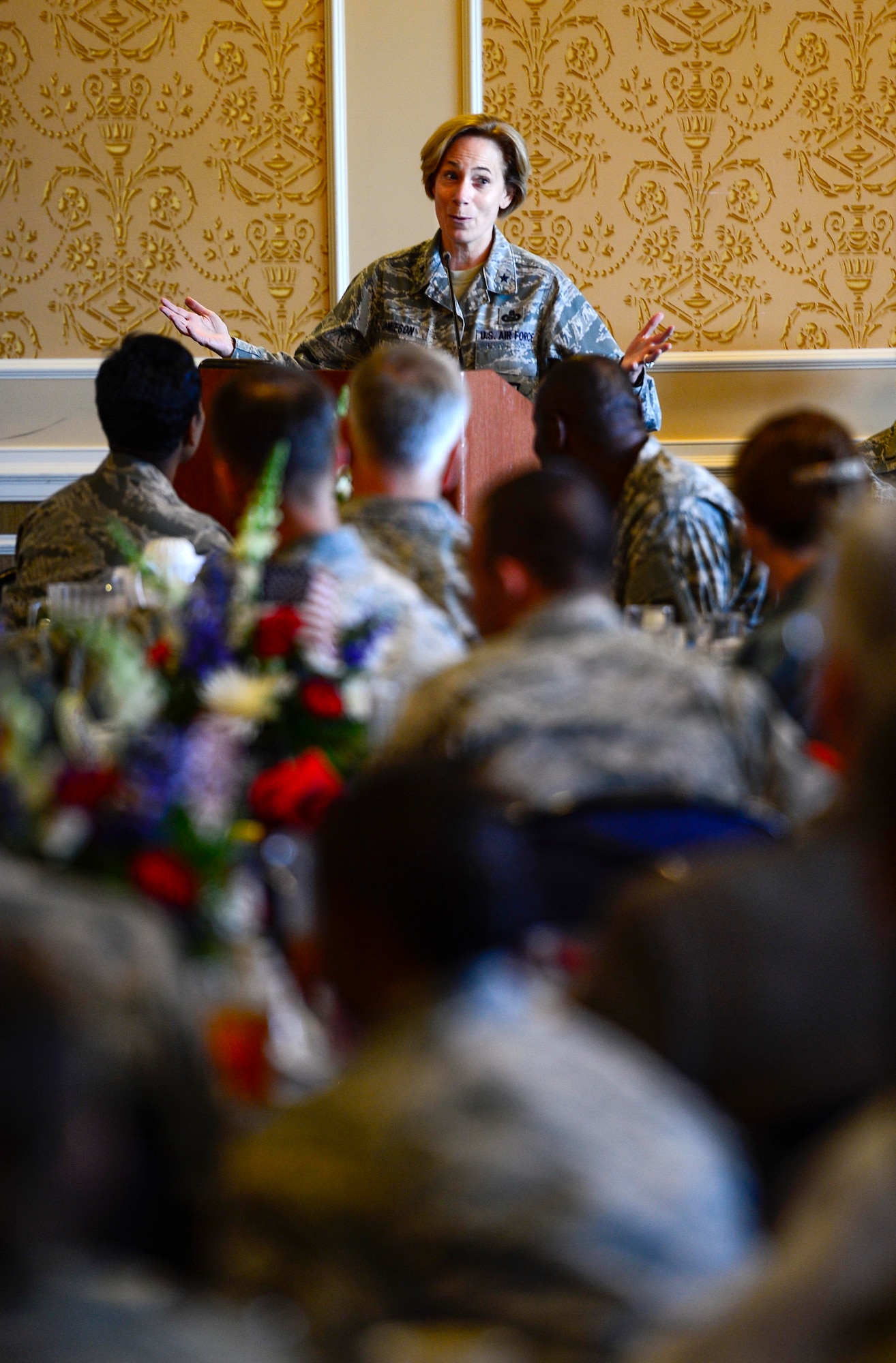 U.S. Air Force Brig. Gen. Dash Jamieson, Headquarters Air Combat Command director of intelligence, speaks to audience members during an Air Force Birthday celebration luncheon at Langley Air Force Base, Va., Sept. 18, 2014. During her speech, Jamieson spoke about the evolution of the Air Force and its Airmen over the last 67 years. (U.S. Air Force photo by Senior Airman Kayla Newman/Released)

