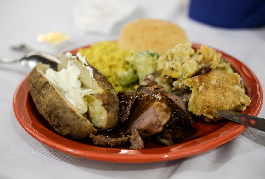 A meal sits on a table during the Air Force Birthday Lunch Buffet Sept. 18, 2014, at Moody Air Force Base, Ga. The buffet-style meal was prepared and served at the Moody Field Club. (U.S. Air Force photo by Airman 1st Class Sandra Marrero/Released)
