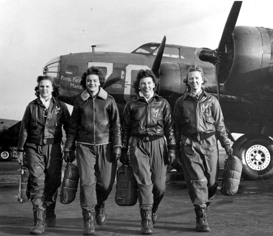 A Women's Airforce Service Pilots flight team walks from the "Pistol Packin' Mama." (Photo courtesy/WASP Museum)