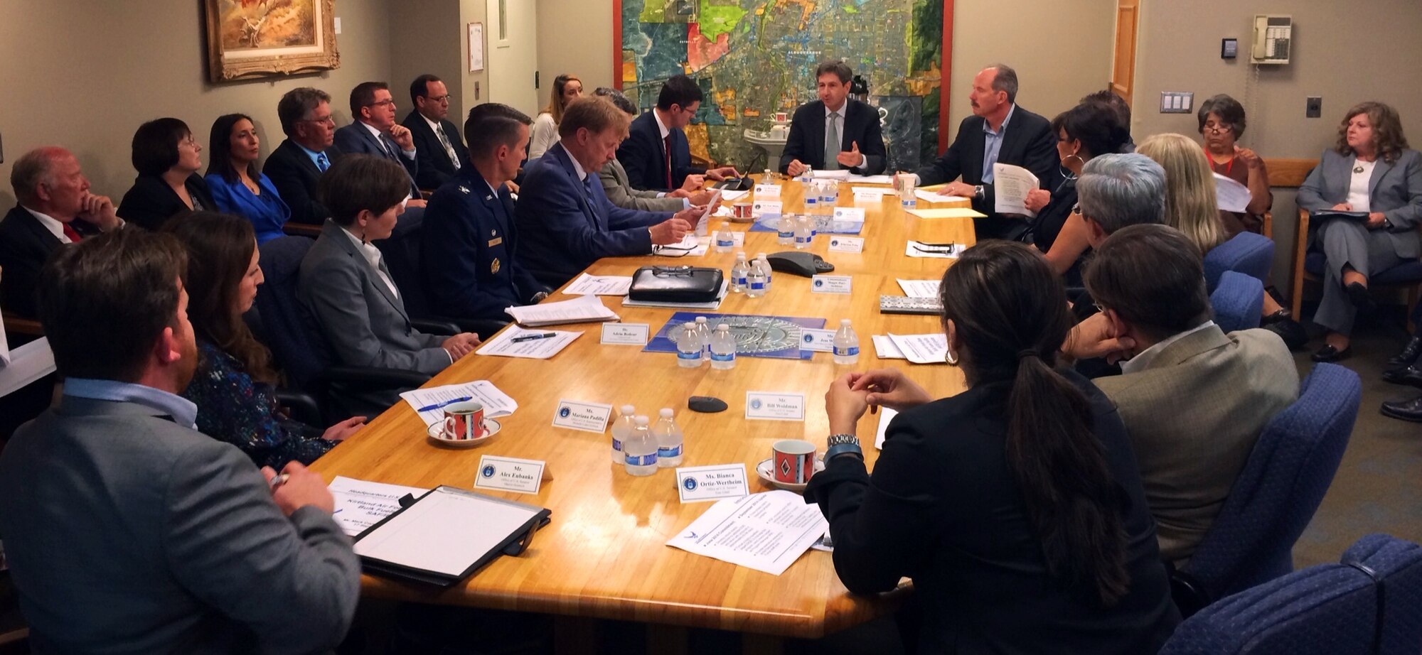 Mark Correll, Deputy Assistant Secretary of the Air Force for Environment, Safety and Infrastructure (center) discusses the accelerated Air Force plan to clean up the Kirtland Air Force Base, N.M., fuel spill plume with the project’s stakeholder group Sept. 17 in the Albuquerque mayor’s office. Key participants in the session included Secretary Ryan Flynn of the New Mexico Environment Department (left at head of table) and Mayor Richard Berry (right at end of table), who hosted and facilitated the discussion. (Photo courtesy of City of Albuquerque)