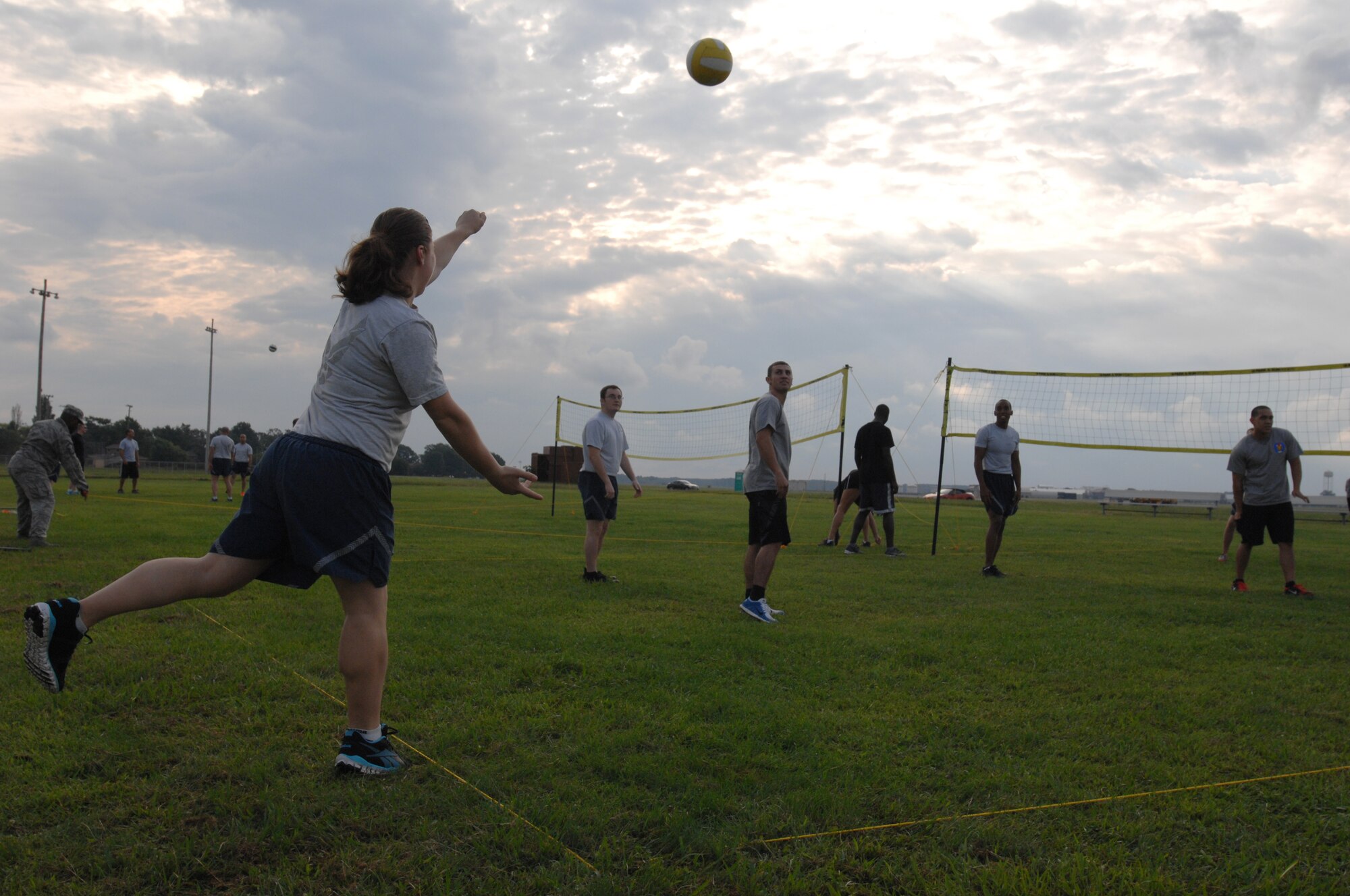 A U.S. Air Force Senior Airman assigned to the 45th IntelligenceSquadron serves a volleyball at the 2014 480th Intelligence, Surveillance and Reconnaissance Wing Warrior Challenge at Langley Air Force Base, Sept. 17, 2014. The 480th ISR Warrior Challenge not only stimulated morale but it also encouraged safety, on and off duty. (U.S. Air Force photo by Airman 1st Class Breonna Veal/Released)