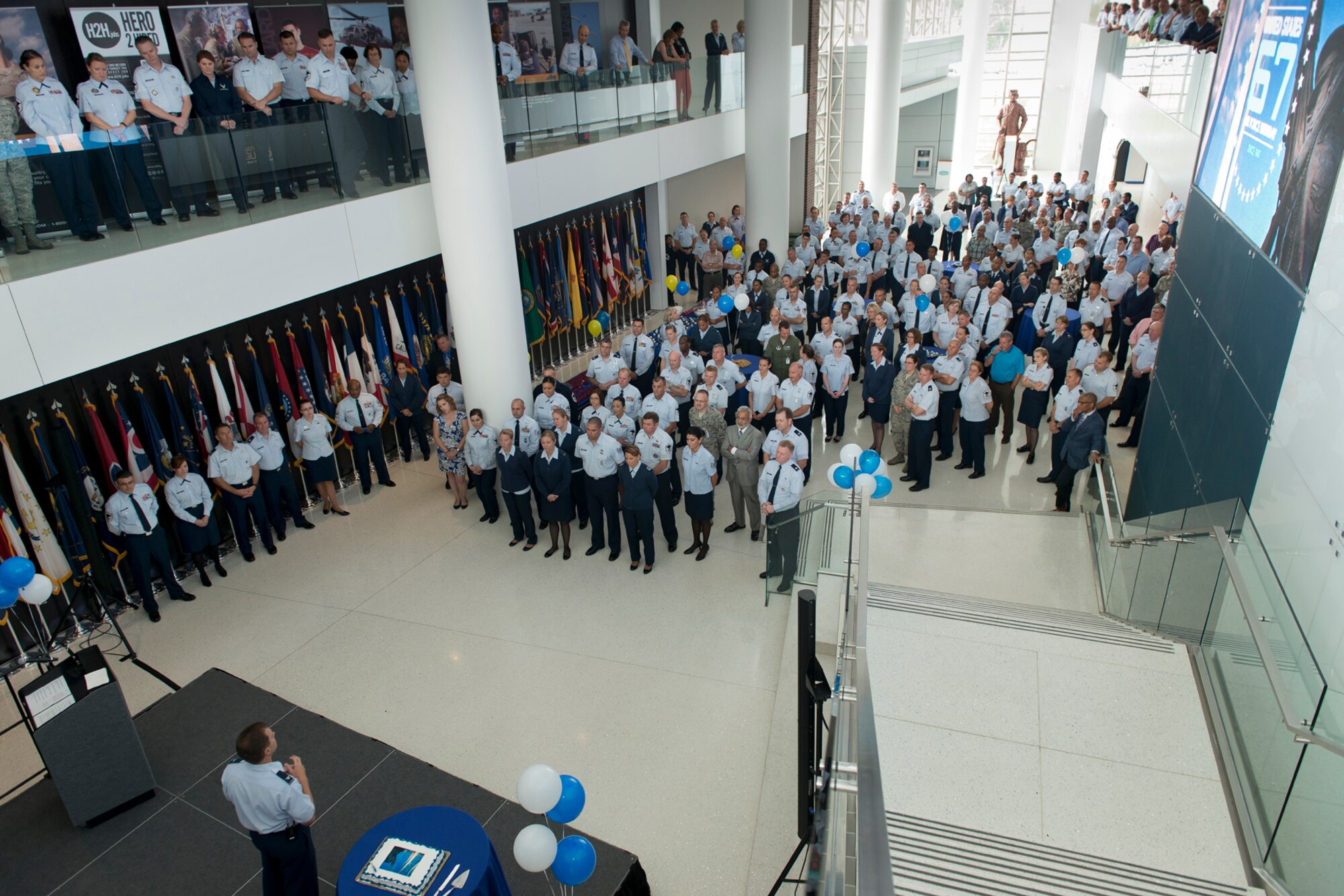 Col. Eric W. Mann, vice commander of the Air National Guard Readiness Center, Joint Base Andrews, Md., addresses airmen during a ceremony recognizing the 67th birthday of the United States Air Force, Sept. 18, 2014. In 1947, the National Security Act turned what was then known as the Army Air Corps into the Department of the Air Force. Today’s Air Force is comprised of more than 680,000 Airmen, made up of active duty, reservists, guardsmen and civilians, who support more than 5,600 aircraft, 450 intercontinental ballistic missiles and 63 satellites. Today's Air Force is the world's preeminent air, space and cyberspace force with an ability to rapidly adapt to uncertainty, ensuring future success. (Air National Guard photo by Master Sgt. Marvin R. Preston/Released)