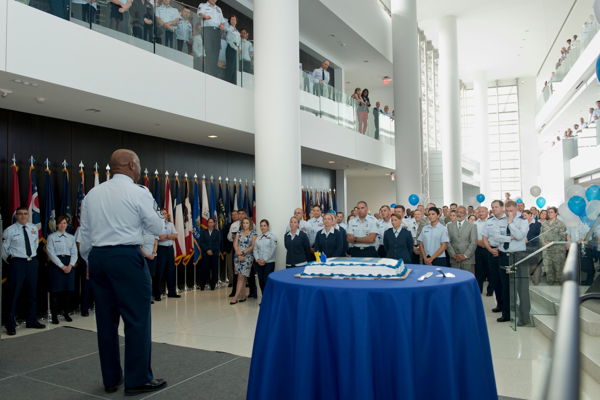 Chief Master Sgt. Tony Whitehead, the command chief of the Air National Guard Readiness Center, Joint Base Andrews, Md., addresses airmen during a ceremony recognizing the 67th birthday of the United States Air Force, Sept. 18, 2014. In 1947, the National Security Act turned what was then known as the Army Air Corps into the Department of the Air Force. Today’s Air Force is comprised of more than 680,000 Airmen, made up of active duty, reservists, guardsmen and civilians, who support more than 5,600 aircraft, 450 intercontinental ballistic missiles and 63 satellites. Today's Air Force is the world's preeminent air, space and cyberspace force with an ability to rapidly adapt to uncertainty, ensuring future success. (Air National Guard photo by Master Sgt. Marvin R. Preston/Released)