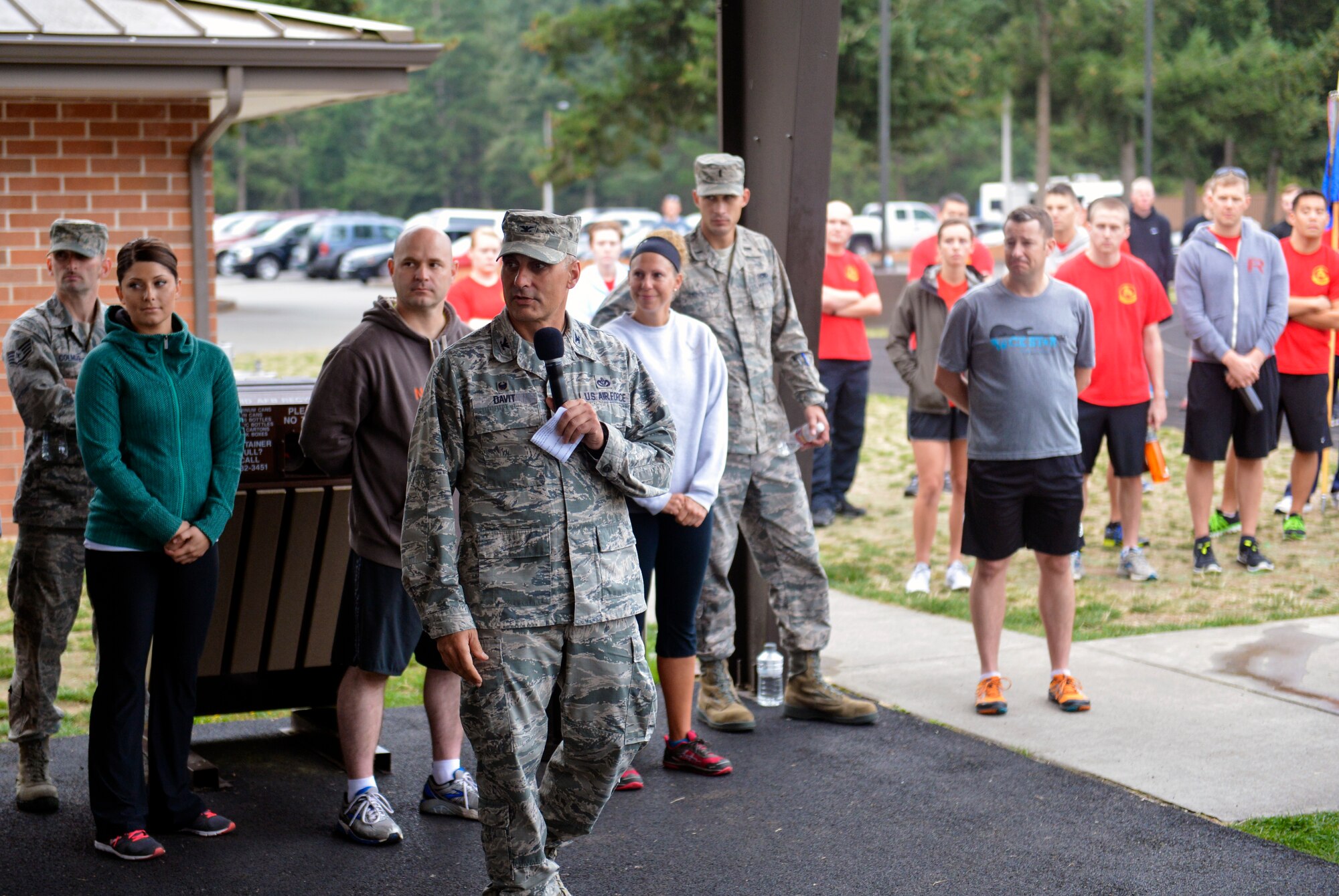 Col. Anthony Davit, 627th Air Base Group commander, delivers the opening remarks Sept. 17, 2014, before the 2nd Annual POW/MIA 24-hour run at Joint Base Lewis-McChord, Wash. All donations supported the POW/MIA Air Force Sergeants Association events, and a portion of the proceeds went to the Washington State Soldiers Home. (U.S. Air Force photo/Staff Sgt. Russ Jackson)