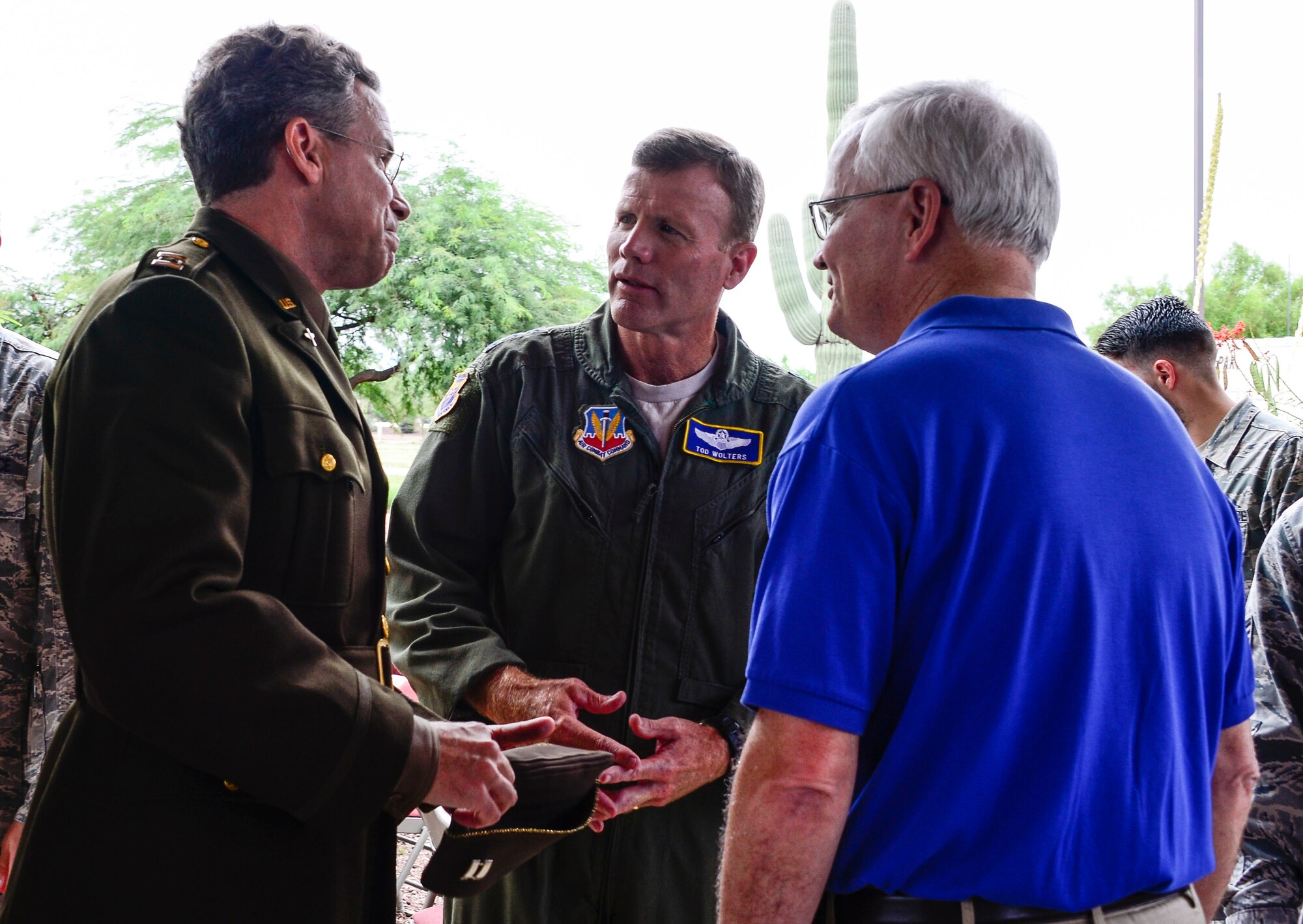 Jeffery McGovern, 12th Air Force (Air Forces Southern) historian, Lt. Gen. Tod Wolters, 12th AF (AFSOUTH) commander, and David Henifin, 12th AF (AFSOUTH) political advisor, gathered together at the 12th AF (AFSOUTH)’s 67th Air Force Birthday Celebration at Davis-Monthan AFB, Ariz., Sept. 18, 2014.  Founded on Sept. 18, 1947, President Harry S. Truman signed the National Security Act that not only established a new defense organization but also established the U.S. Air Force as an independent service.  Over the past 67 years the U.S. Air Force has made its mark in history and around the world as it focuses its efforts on maintaining air, space, and cyberspace superiority.  (U.S. Air Force photo by Tech. Sgt. Heather R. Redman/Released)