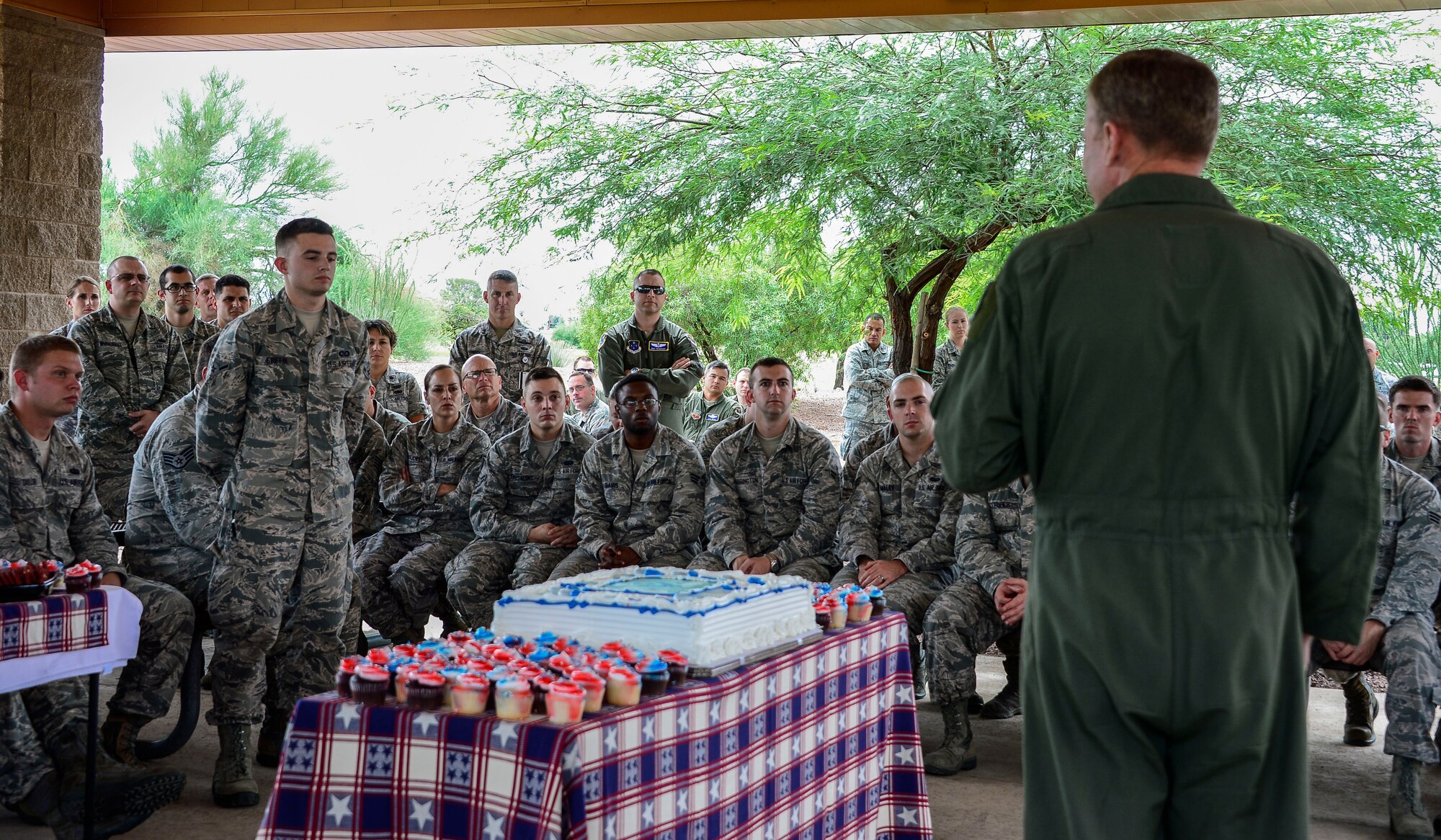 Lt. Gen. Tod Wolters, 12th Air Force (Air Forces Southern) commander, speaks to the members of 12th AF (AFSOUTH) wishing them all a happy birthday during the 12th AF (AFSOUTH)’s 67th Air Force Birthday at Davis-Monthan AFB, Ariz., Sept. 18, 2014.  Founded on Sept. 18, 1947, President Harry S. Truman signed the National Security Act that not only established a new defense organization but also established the U.S. Air Force as an independent service.  Over the past 67 years the U.S. Air Force has made its mark in history and around the world as it focuses its efforts on maintaining air, space, and cyberspace superiority.  (U.S. Air Force photo by Tech. Sgt. Heather R. Redman/Released)