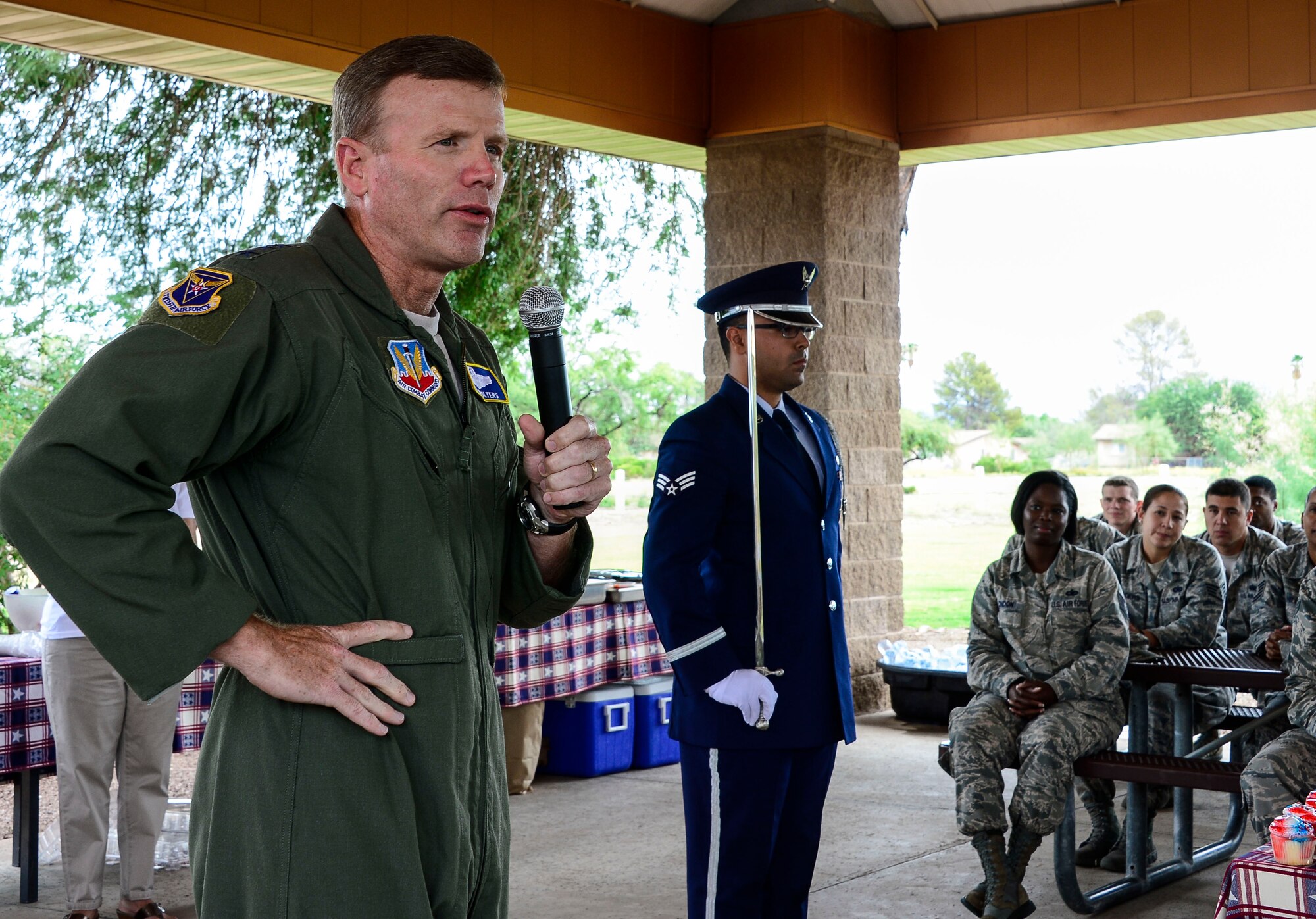 Lt. Gen. Tod Wolters, 12th Air Force (Air Forces Southern) commander, speaks to the members of 12th AF (AFSOUTH) wishing them all a happy birthday during the 12th AF (AFSOUTH)’s 67th Air Force Birthday at Davis-Monthan AFB, Ariz., Sept. 18, 2014.  Founded on Sept. 18, 1947, President Harry S. Truman signed the National Security Act that not only established a new defense organization but also established the U.S. Air Force as an independent service.  Over the past 67 years the U.S. Air Force has made its mark in history and around the world as it focuses its efforts on maintaining air, space, and cyberspace superiority.  (U.S. Air Force photo by Tech. Sgt. Heather R. Redman/Released)