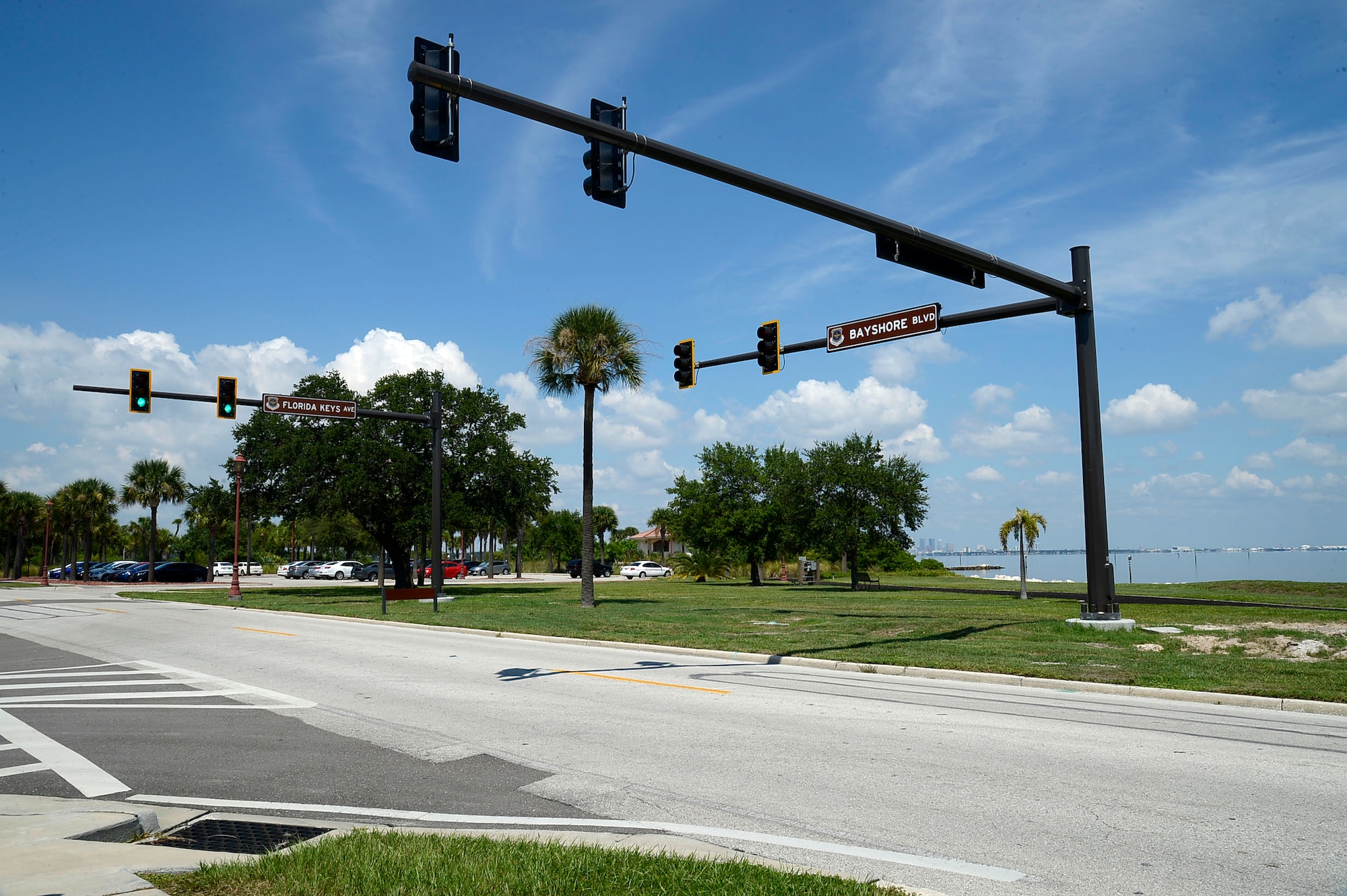 A new traffic light was place at the intersection of Florida Keys Avenue and Bayshore Boulevard at MacDill Air Force Base, Fla., Sept. 18, 2014. The traffic light will alleviate traffic congestion when the five-story visiting quarters and Joint Special Operation University are operational. (U.S. Air Force photo by Airman 1st Class Tori Schultz/Released)