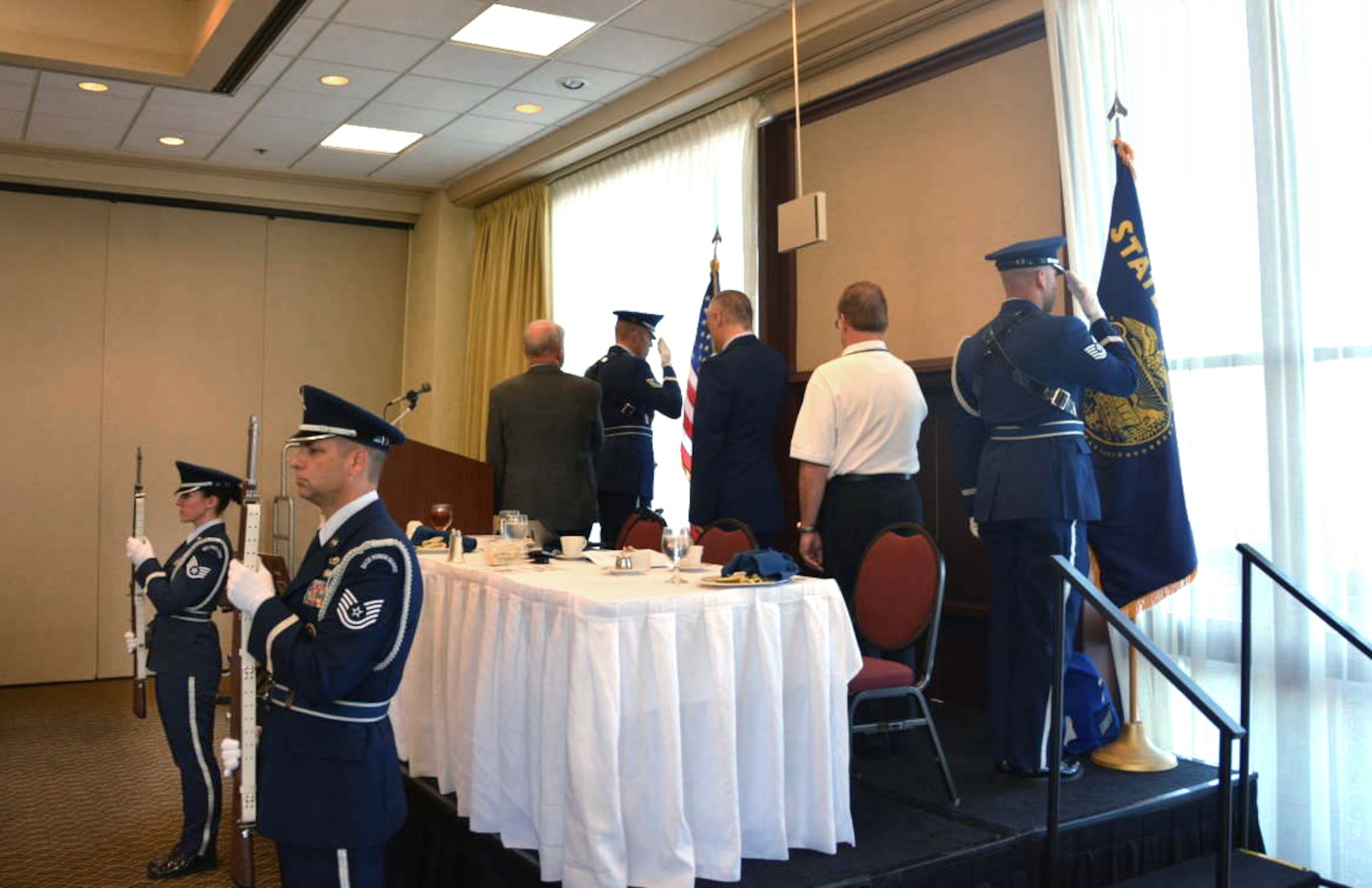 The 142nd Fighter Wing Honor Guard posts the colors at the 381st Bomb Group (H) Memorial Association’s Memorial Luncheon in Portland, Oregon, Sept. 6, 2014. (Courtesy Dr. Kevin Wilson, 381BGMA Secretary-Treasurer/Historian)