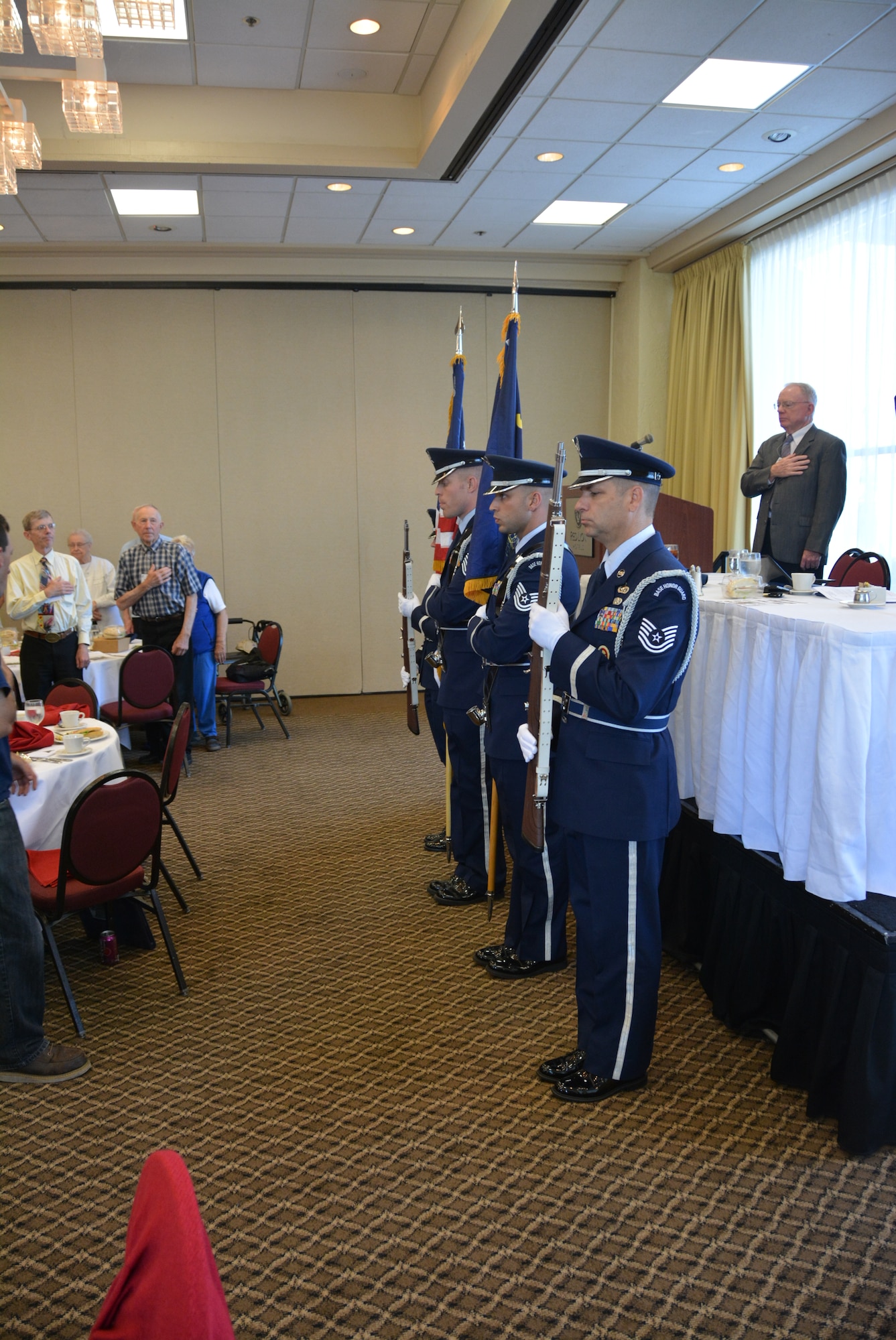 The 142nd Fighter Wing Honor Guard presents the colors at the 381st Bomb Group (H) Memorial Association’s Memorial Luncheon in Portland, Oregon, Sept. 6, 2014. (Courtesy Dr. Kevin Wilson, 381BGMA Secretary-Treasurer/Historian)