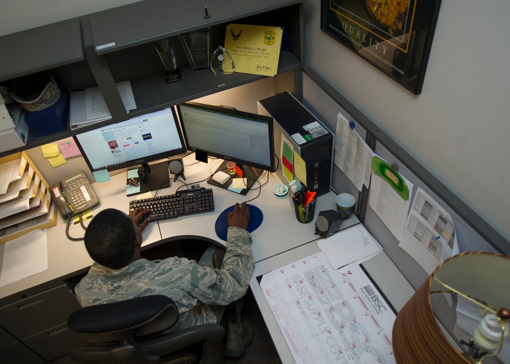 Airman 1st Class Windell Nolan, 49th Comptroller Squadron financial services technician, prepares his work center before the first customer of the day arrives at Holloman Air Force Base, N.M., Sept. 18. Nolan, from Rowan Oak, Mississippi, celebrates the U.S. Air Force birthday in addition his regular duties. On September 18, 1947 the USAF was officially recognized as an independent military service, leaving behind its former role, the U.S. Army Air Corps. This year marks the 67th birthday, leading the world in air superiority, space and cyberspace. “The future of our nation is forever bound up in the development of Air Power,” Brigadier General Billy Mitchell, United States Army Air Service. (U.S. Air Force photo by Airman 1st Class Aaron Montoya / Released)