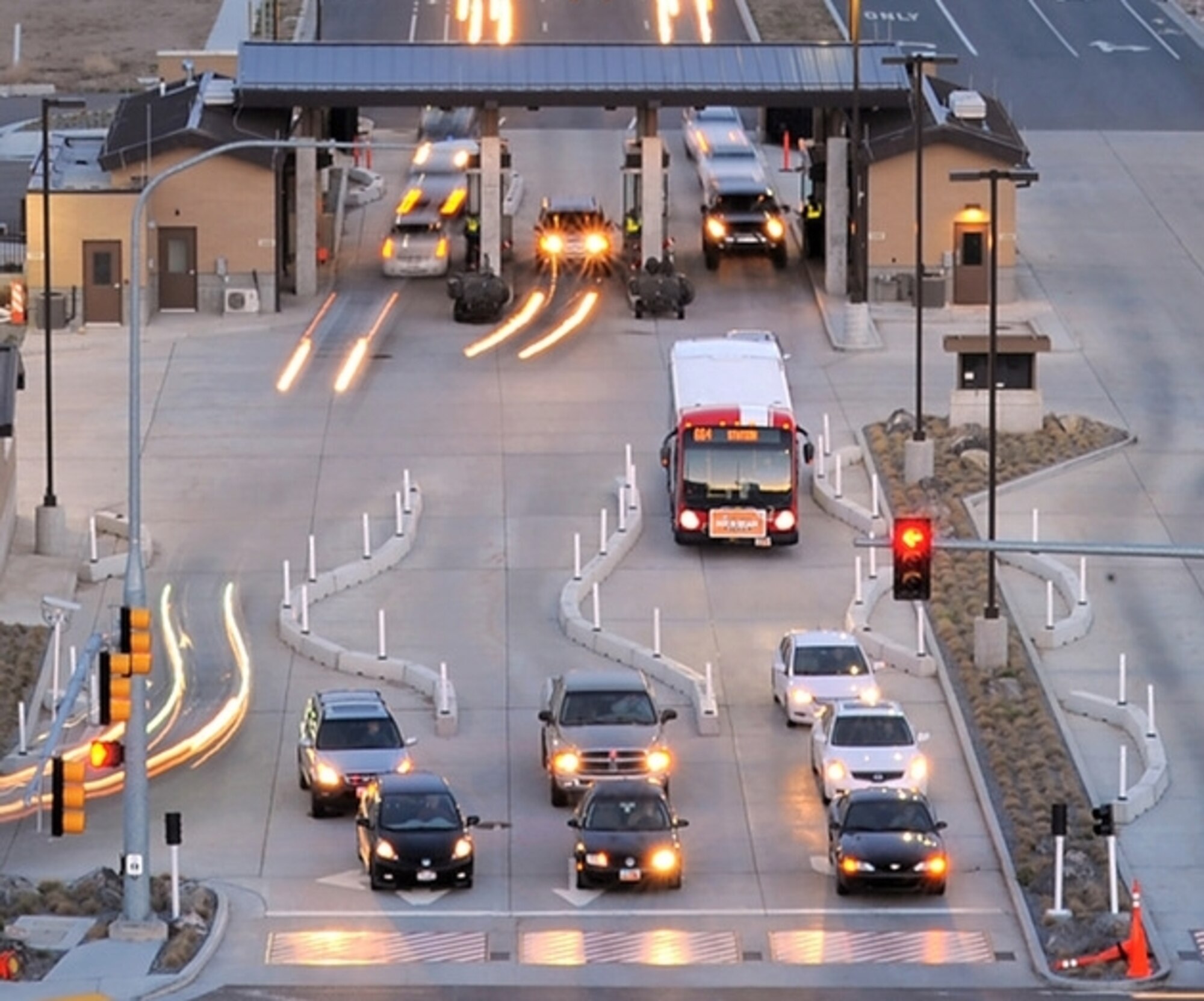 A Utah Transit Authority bus enters the West Gate at Hill Air Force Base in April 2014. UTA will alter its base service routes during gate closures Sept. 22 through early November. (U.S. Air Force photo by Todd Cromar)