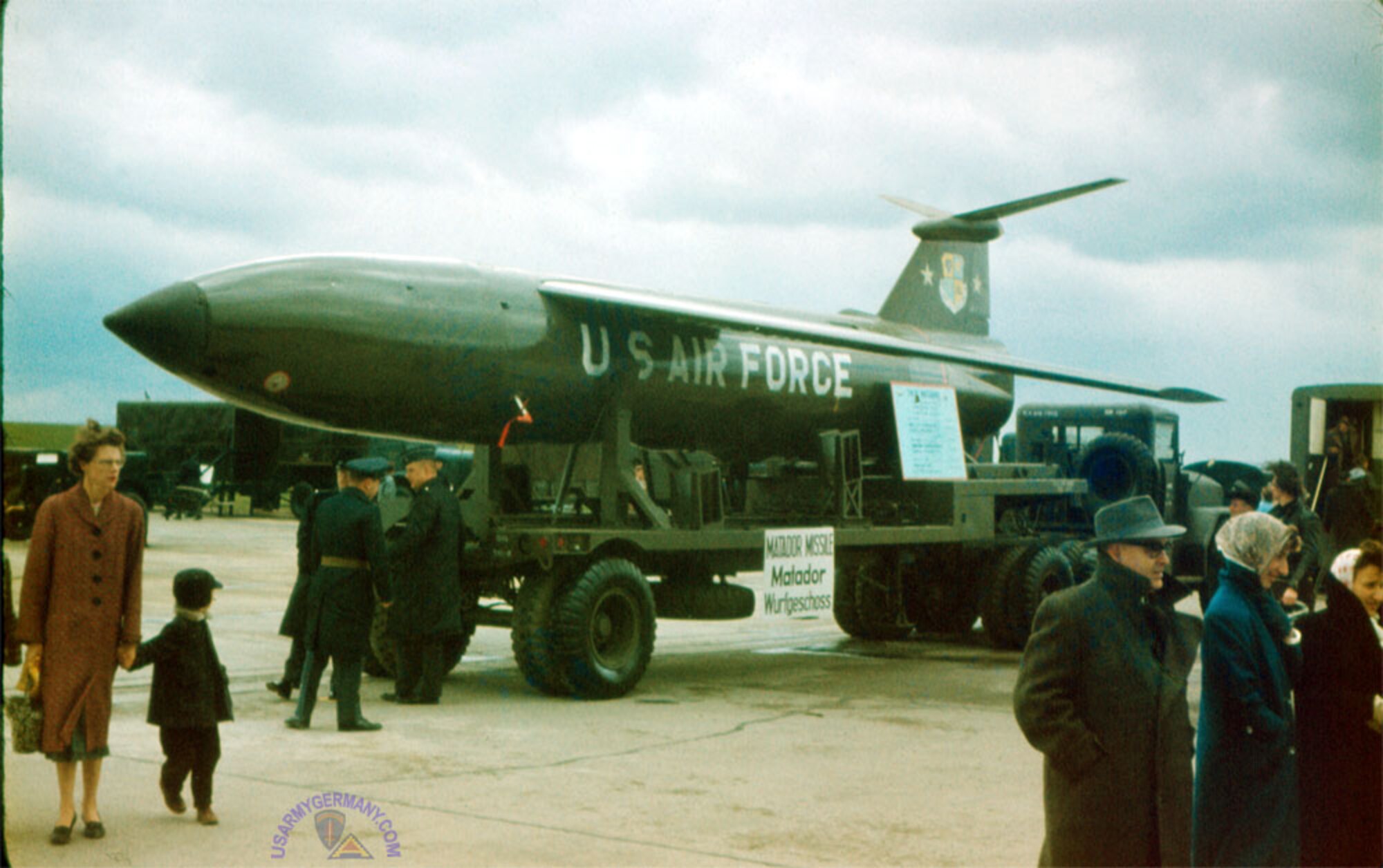 In 1956 a B-61 Matador cruise missile belonging to the 585th Tactical Missile Group, 701st Tactical Missile Wing, 12th Air Force, sits on display in Bitburg, Germany. (Courtesy Photo) 