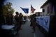 U.S. Air Force Airmen from the 455th Air Expeditionary Wing Honor Guard present the colors at Bagram Airfield, Afghanistan Sept. 18, 2014.  The Airmen celebrated the Air Force’s 67th anniversary with a cake cutting ceremony.  (U.S. Air Force photo by Staff Sgt. Evelyn Chavez/Released)