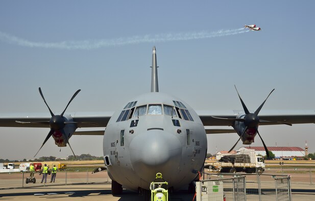 A C-130J Super Hercules awaits visitors and aircraft enthusiasts at the Africa Aerospace and Defence Expo 2014 Sept. 17, 2014, at Waterkloof Air Force Base, South Africa. Airmen from Ramstein Air Base, Germany, came to support the African air and trade show as well as to showcase the C-130 and answer questions the public may have about the Air Force aircraft. (U.S. Air Force photo/Staff Sgt. Travis Edwards-Released) 