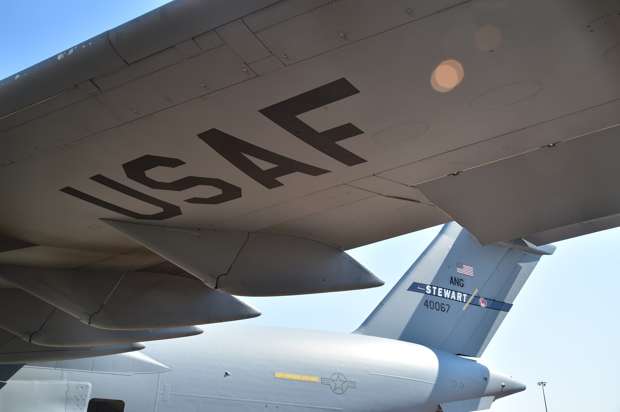 A C-17 Globemaster III sits on the Waterkloof Air Force Base flightline in South Africa, awaiting eager patrons and aircraft enthusiasts during the Africa Aerospace and Defence Expo 2014 Sept. 17, 2014. The 105th Airlift Wing’s C-17 traveled more than 10,000 miles from Stewart Air National Guard Base, New York, to support the expo. (U.S. Air Force photo/Staff Sgt. Travis Edwards-Released)