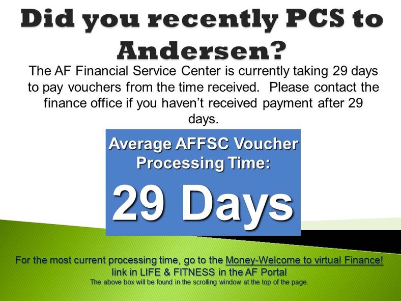 The AF Financial Service Center is currently taking 29 days to pay vouchers from the time received.  Please contact the finance office if you haven’t received payment after 29 days.

Go to Money-Welcome to virtual Finance! link in LIFE & FITNESS in the AF Portal
to see updated processing time.