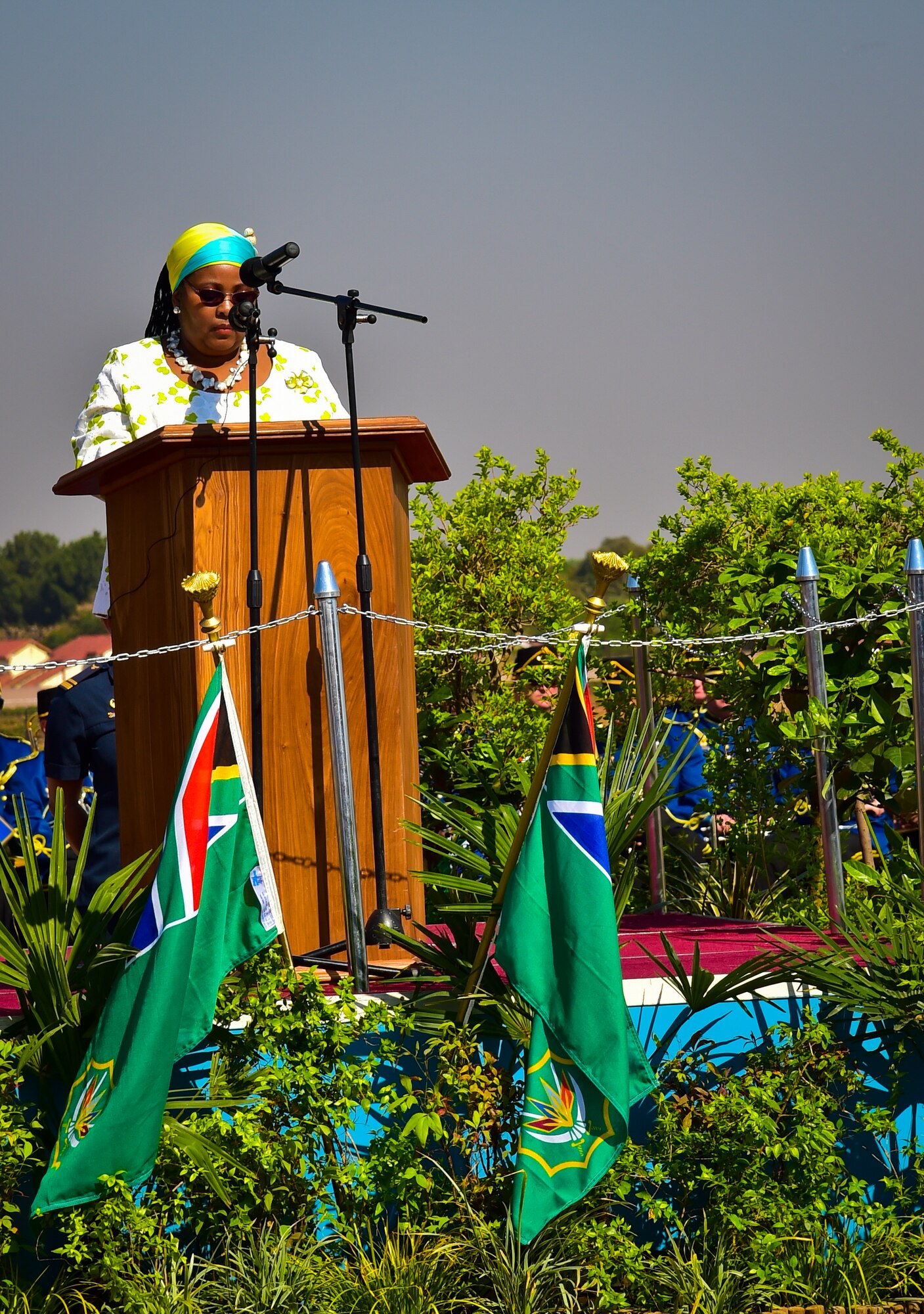 Nosiviwe Noluthando Mapisa-Nqakula, South Africa’s Minister of Defense and Military Veterans, addresses international defense leaders, patrons and trade-show exhibiters on what Africa Aerospace and Defence Expo 2014 is about Sept. 17, 2014, at Waterkloof Air Force Base, South Africa. During her opening remarks, Mapisa-Nqakula thanked all key role players and the many nations of participants who helped make the previous AAD expos a success.  (U.S. Air Force photo/Staff Sgt. Travis Edwards-Released)
