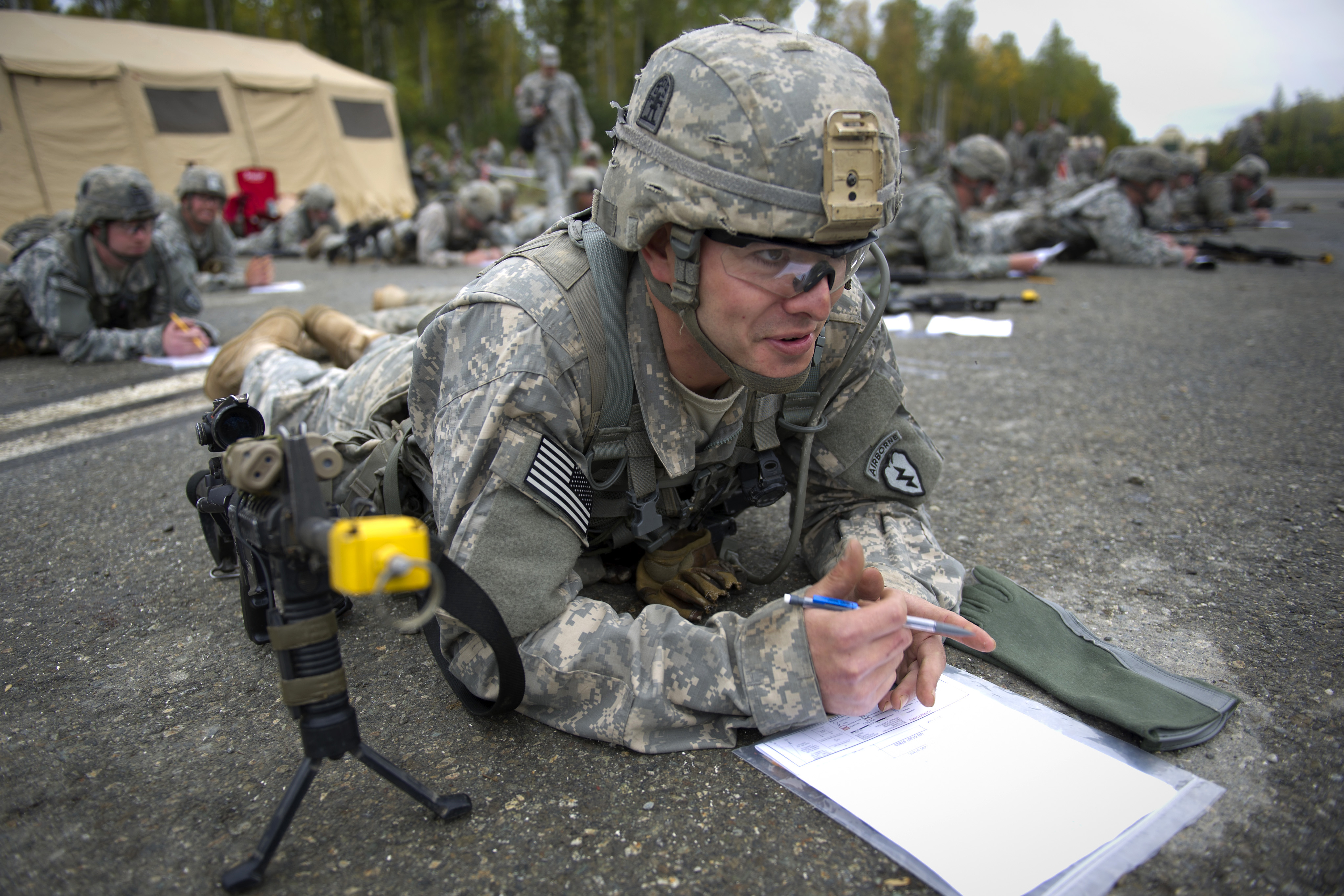 Army Spc. Matthew Iaccheo responds to an instructor's question as he