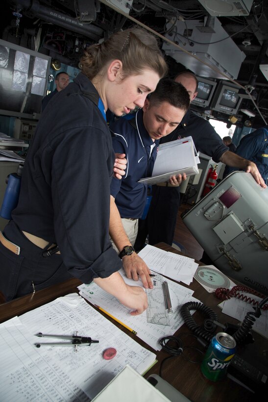 U.S. Navy Ensign Audrey Arvin, left, and Lt. j.g. Terrance Sanders plan a formation scheme of maneuver on the bridge of the Ticonderoga-class guided-missile cruiser USS Shiloh during exercise Valiant Shield 2014 in the Pacific Ocean, Sept. 15, 2014.