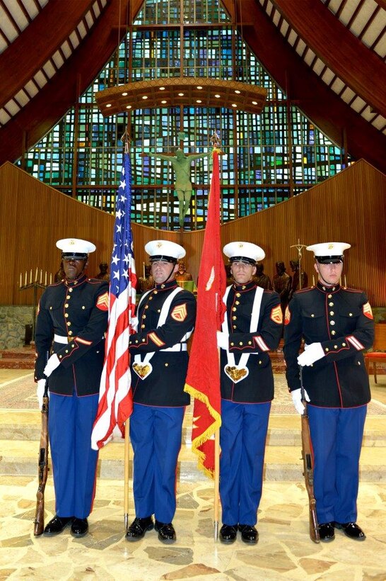 Marines with Recruiting Station Detroit and 1st Battalion, 24th Marine Regiment, presented various national and military colors during a 1939 commemoration at The Polish Mission of the Orchard Lake Schools Sept. 7, 2014. In honor of the 75th Anniversary of the outbreak of WWII in Poland, the Marines presented and retired the colors before and after mass, followed by a slow march to Katyń/Smolensk monument. (U.S. Marine Corps courtesy photos by Marcin Chumiecki/Released)