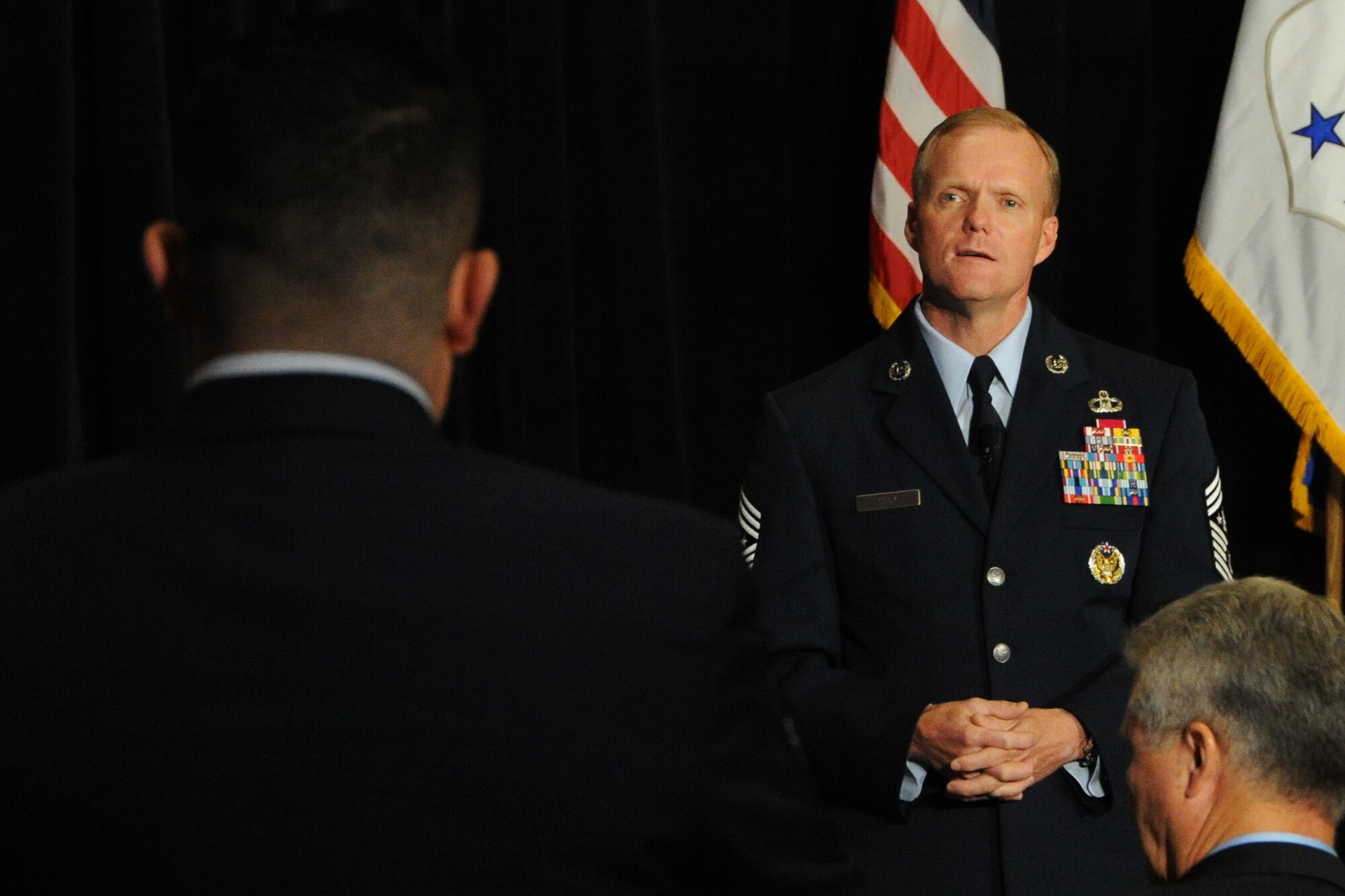 Chief Master Sergeant of the Air Force James A. Cody answers a question from an Airmen concerning future changes for the Air Force during the Air Force Association's 2014 Air & Space Conference at the Gaylord National Convention Center Sep. 17, 2014, at Washington, D.C. The CMSAF is the highest enlisted level of leadership for the Air Force and provides direction for the enlisted force and represents their interests, as appropriate, to the American public, and to those in all levels of government. (U.S. Air Force photo/Staff Sgt. Matt Davis)