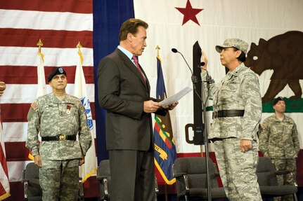 Gov. Arnold Schwarzenegger named Air Force Brig. Gen. Mary J. Kight as the new adjutant general of the California National Guard, during a ceremony at Mather Air Field in Sacramento, Calif., on Feb. 2, 2010. He described her as a proven, courageous, loyal and honorable leader.