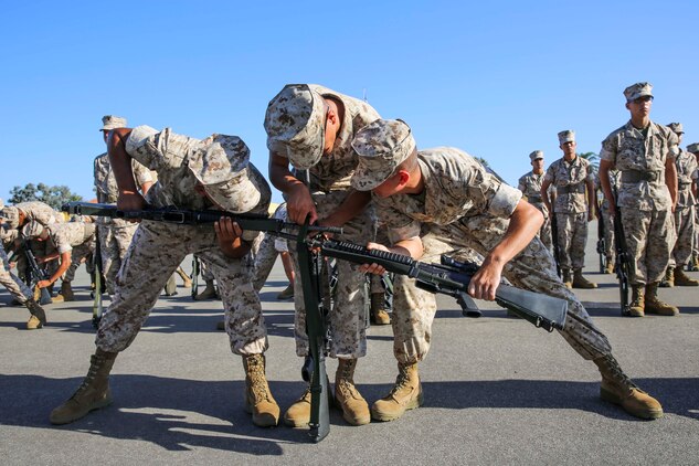 Recruits of Platoon 1041, Charlie Company, 1st Recruit Training Battalion, work together to stack their M-16 A4 service rifles together for a drill movement during Final Drill at Marine Corps Recruit Depot San Diego, Calif., Sept. 15. Stack arms required recruits to neatly place their rifles in stacks of five, without dropping a rifle.