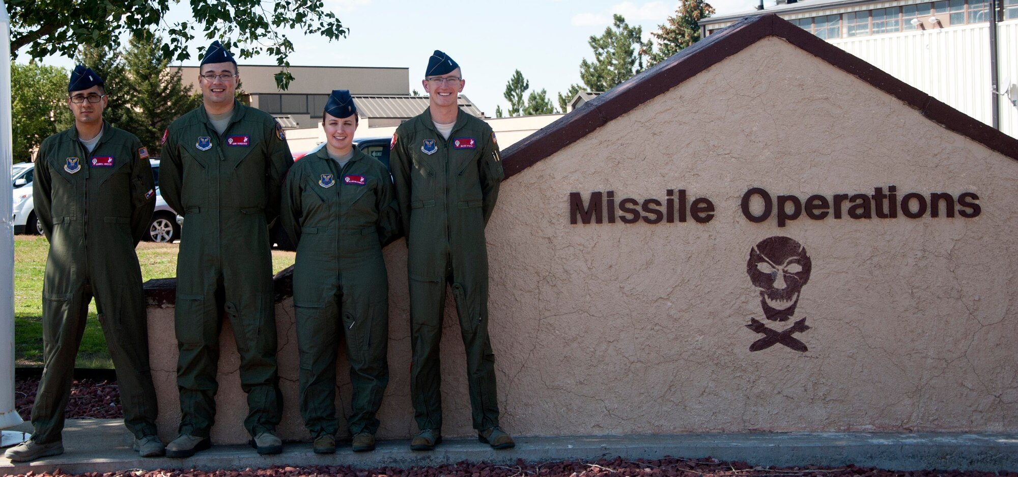 The 320th Missile Squadron 2014 Global Strike Challenge team:  1st Lt. Daniel Uresti , 1st Lt. Erik Sangiorgi, 1st Lt. Ellen Mazzarella and 1st Lt. Alexander Foos. (U.S. Air Force photo by Airman 1st Class Brandon Valle)