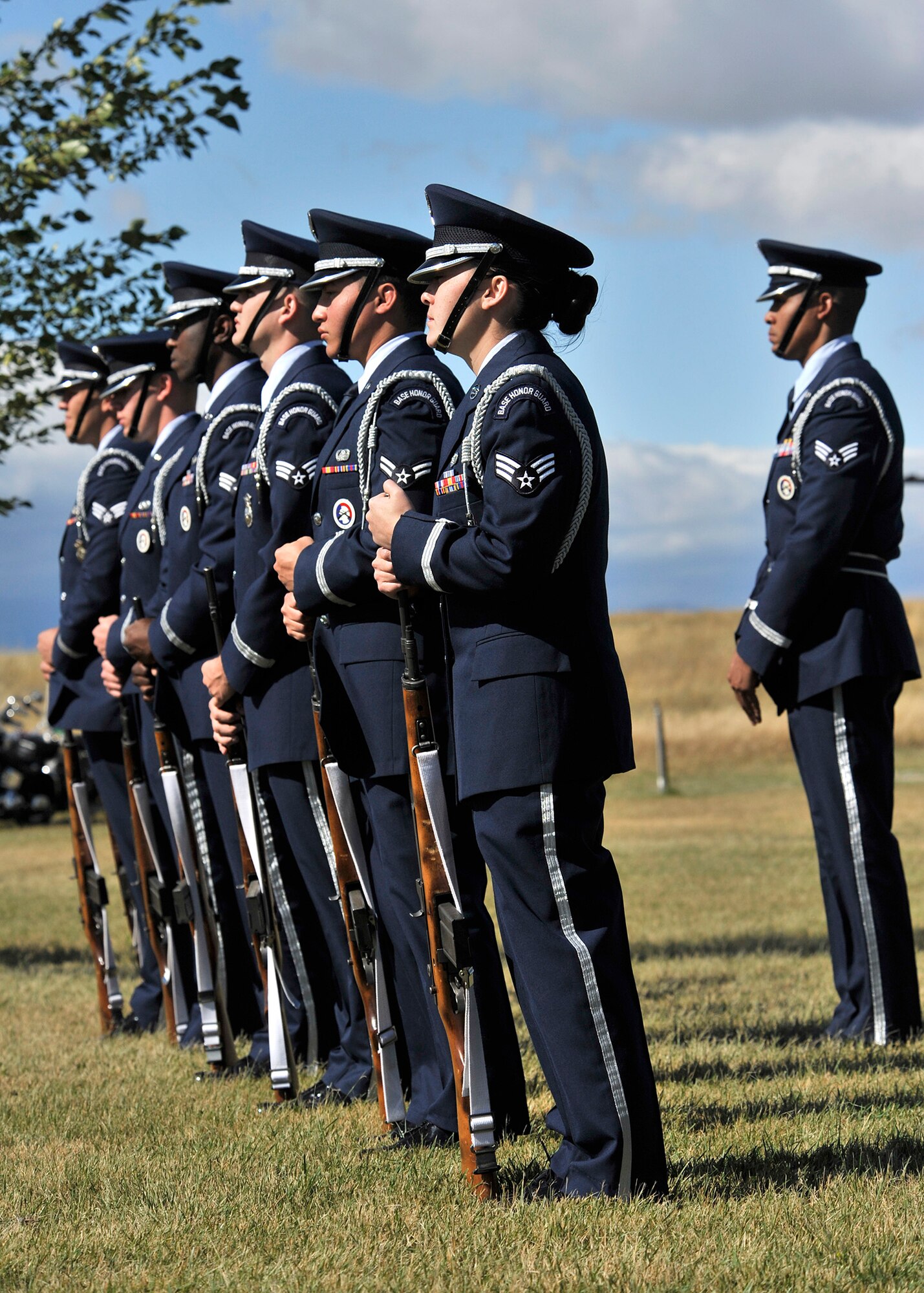 Airmen from the Malmstrom Air Force Base honor guard stand ready to fire salutary volleys Sept. 19 during the interment ceremony for Army Air Forces 1st Lt. William D. Bernier in Augusta, Mont. Bernier was killed in action over New Guinea during WWII, and his remains were positively identified earlier this year. (Air Force photo/John Turner)