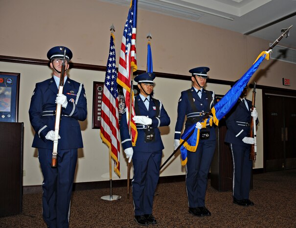 The Beale Air Force Base Honor Guard presents the colors during a POW/MIA remembrance breakfast as part of the National POW/MIA Recognition Day Sept. 19, 2014, at Beale Air Force Base, Calif. National POW/MIA Recognition Day is observed across the nation on the third Friday of September each year to remember prisoners of war and those missing in action, as well as their families. (U.S. Air Force photo by Airman 1st Class Ramon A. Adelan/Released)