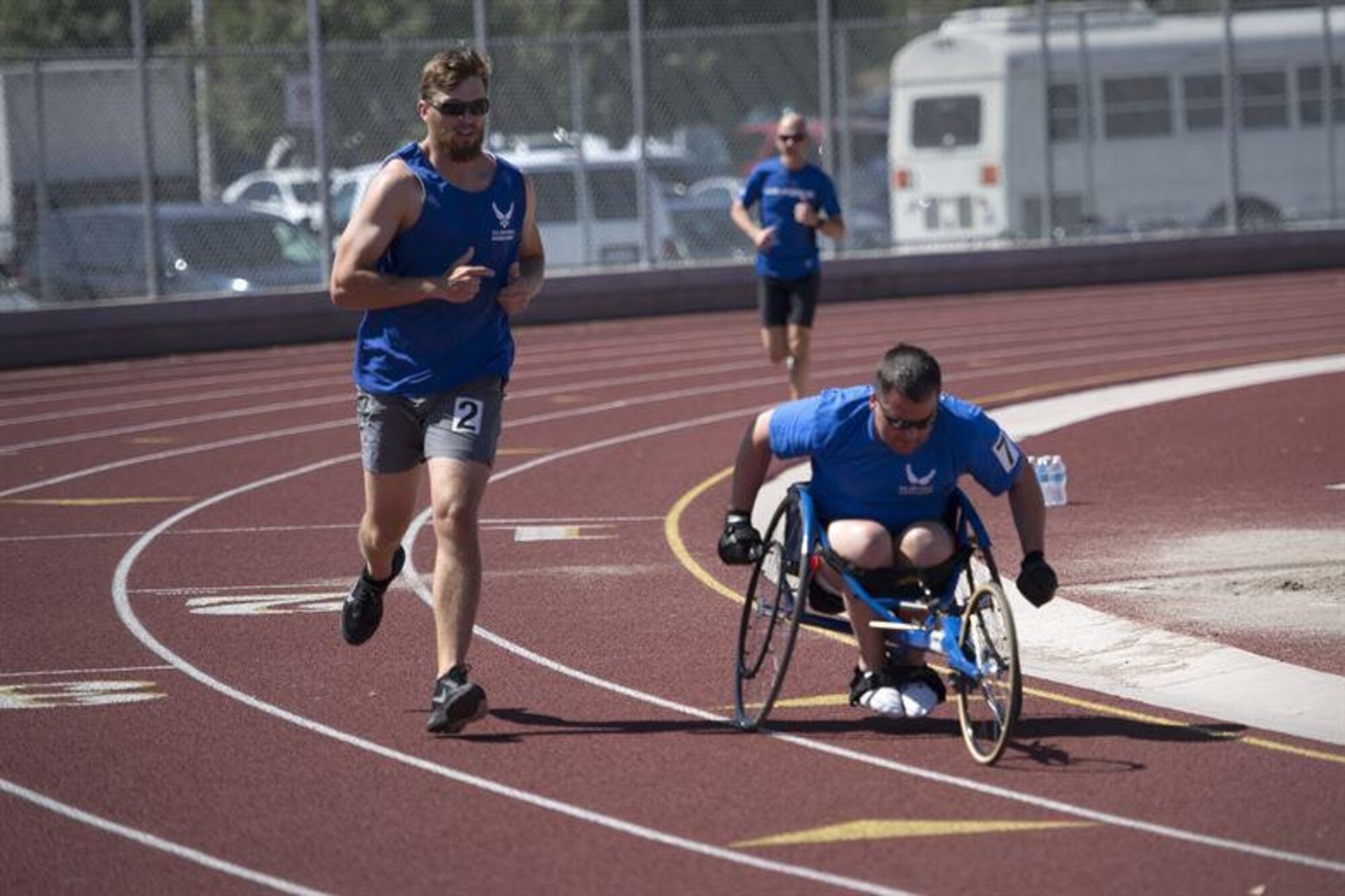 Retired Tech. Sgt. Andrew Evans (right), who served in the wing’s 67th Aerial Port Squadron, competes in the Warrior Games preliminaries at Nellis Air Force Base, Nevada in April 2014. Evans is one of 40 athletes representing the Air Force during this year's Warrior Games to be held Sept. 28 to Oct. 4 in Colorado Spring, Colorado. (Courtesy photo)