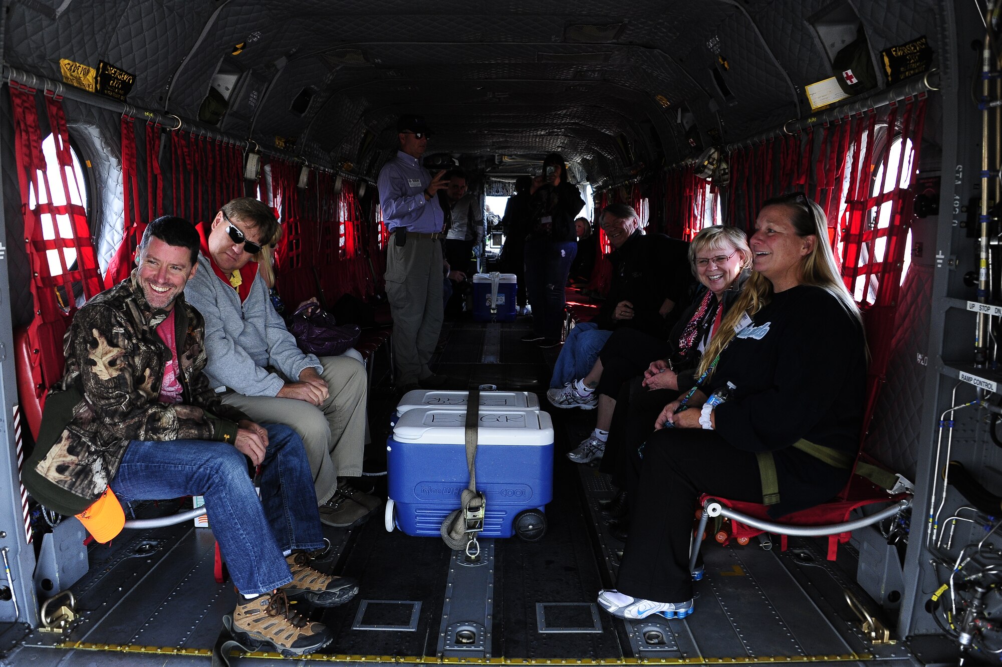 Employers of traditional Colorado National Guardsmen are in route aboard a CH-47 Chinook to visit the 233rd Space Group, Greeley Air National Guard Station, Greeley, Colo., September 13, 2014. The Colorado Employee Support of the Guard and Reserve hosted an ‘Employer’s Day’ for members of the community who were nominated by an employee and member of the Colorado National Guard.   Founded in 1972, ESGR promotes free education, consultation, and if necessary, mediation for employers of Guard and Reserve employees. Its goal is to support America’s employers who share their employees with the nation to ensure U.S. national security. (Air National Guard photo by Staff Sgt. Nicole Manzanares)