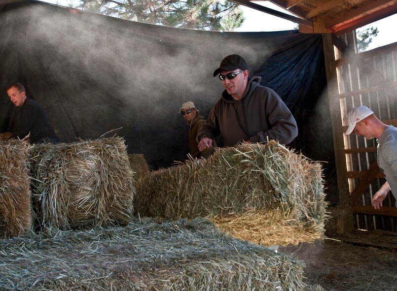 Airman 1st Class Joshua Honey, 336th Training Support Squadron vehicle operator, helps move hay bales at Rocky Cove Youth Ranch in Tum Tum, Washington, Sept. 15, 2014. The Fairchild Airmen volunteered to help the ranch get ready for the Healing Hearts through horses program held there. The ranch designed the program to help foster children and troubled youth by allowing them work with horses to learn values and responsibility. (U.S. Air force photo/Staff Sgt. Veronica Montes)